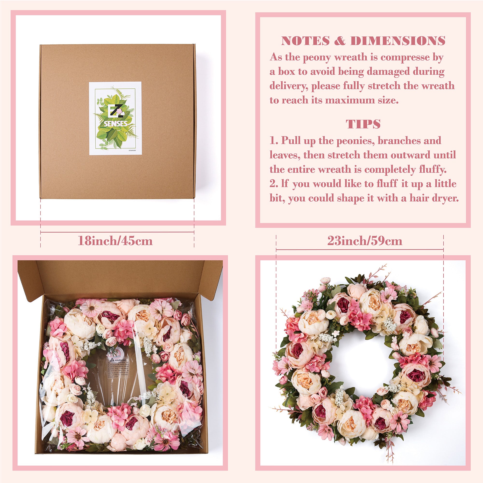 Peony Wreath - Floral Artificial Wreath - Pink 23"