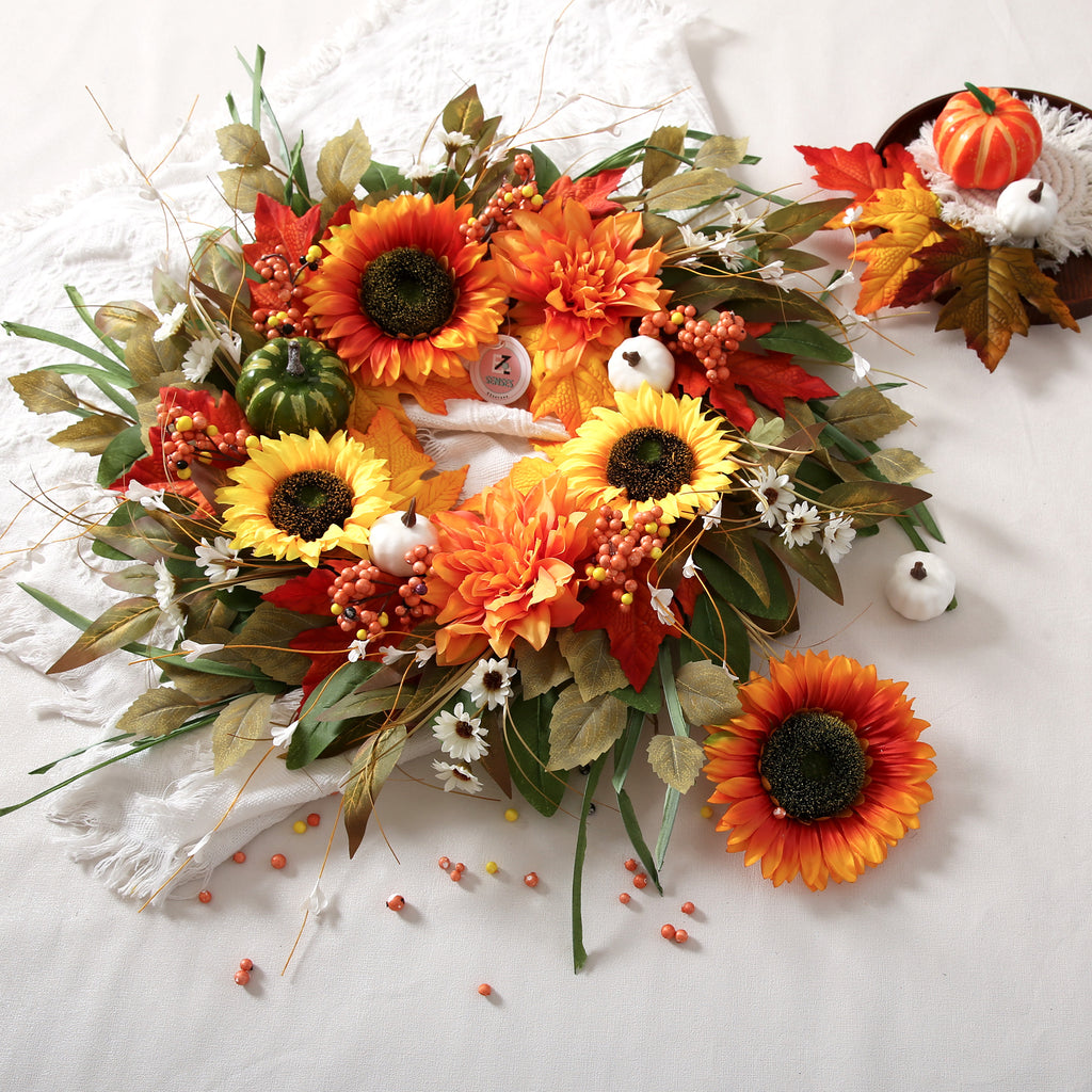 Autumn Door Decor with Pumpkins, Sunflowers & Maple Leaves 24"
