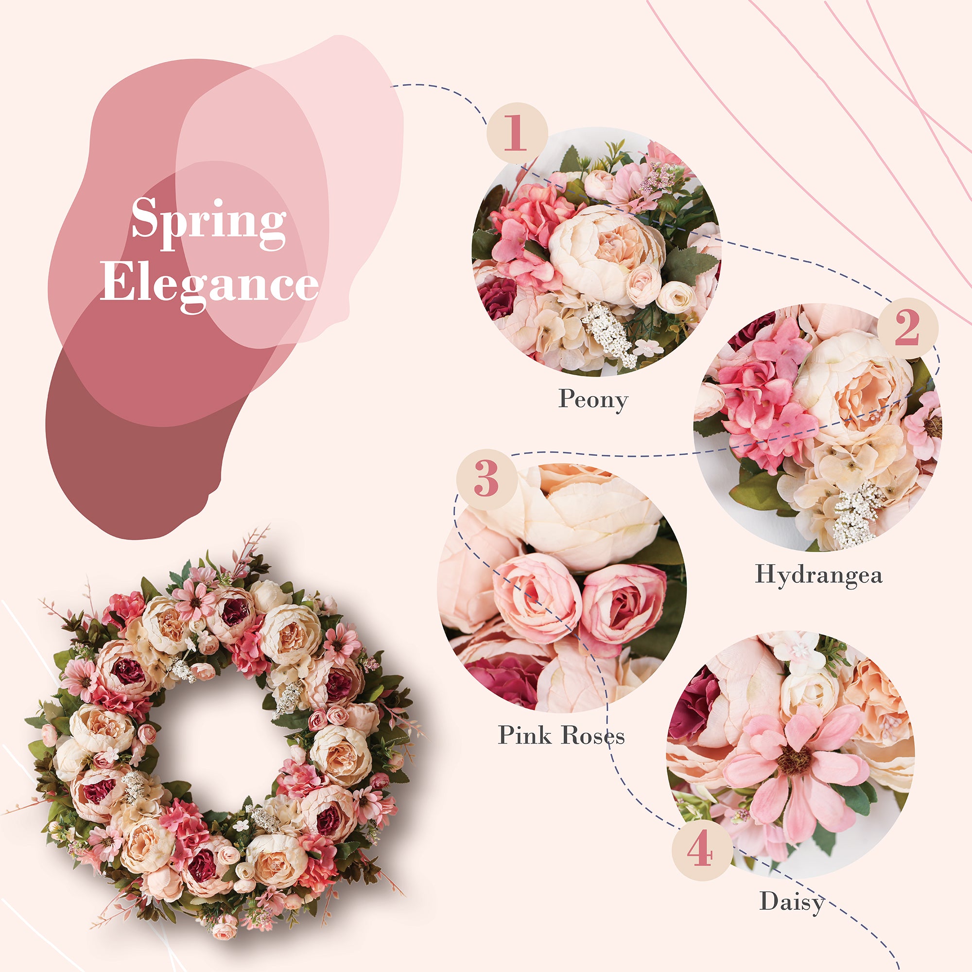 Peony Wreath - Floral Artificial Wreath - Pink 23"