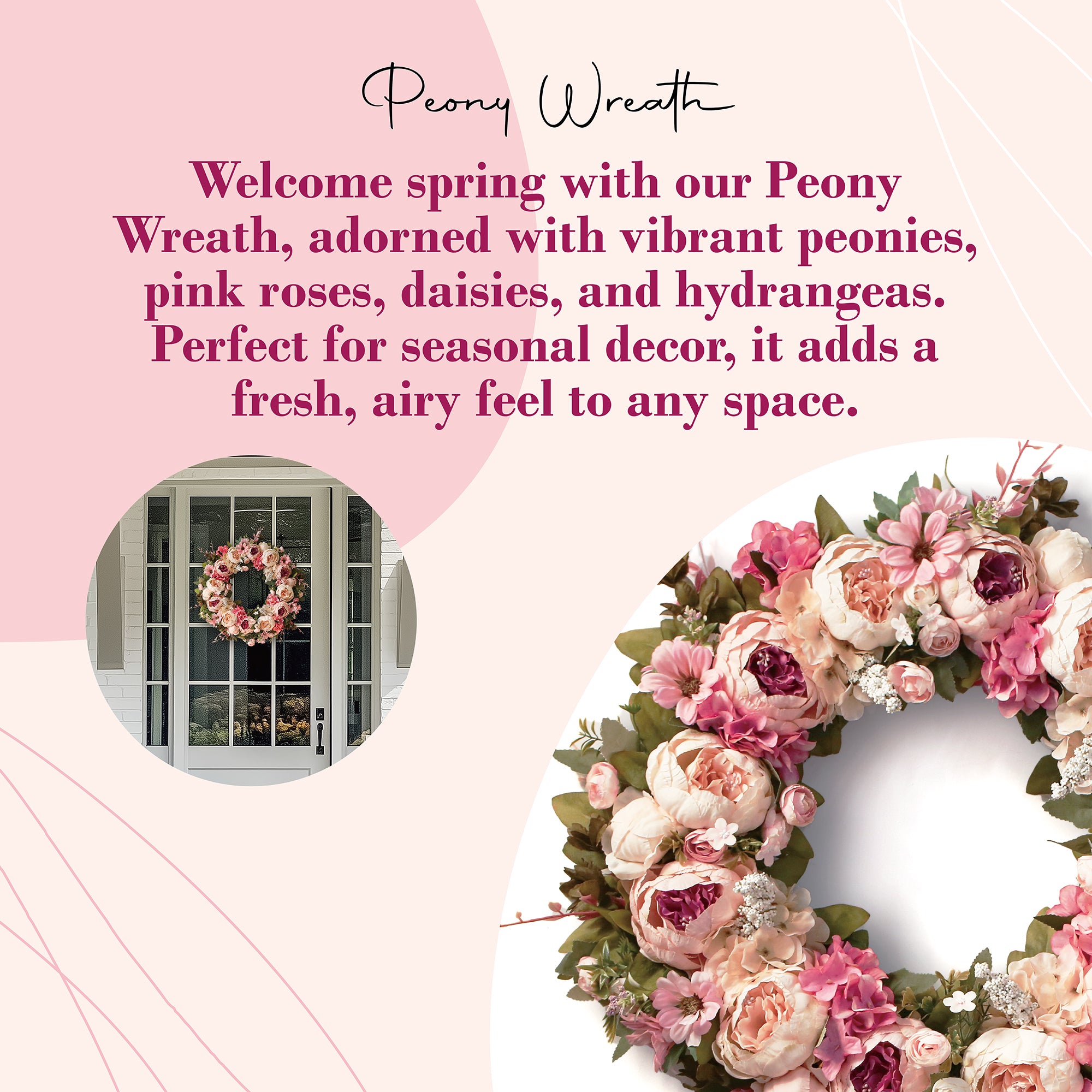 Peony Wreath - Floral Artificial Wreath - Pink 23"