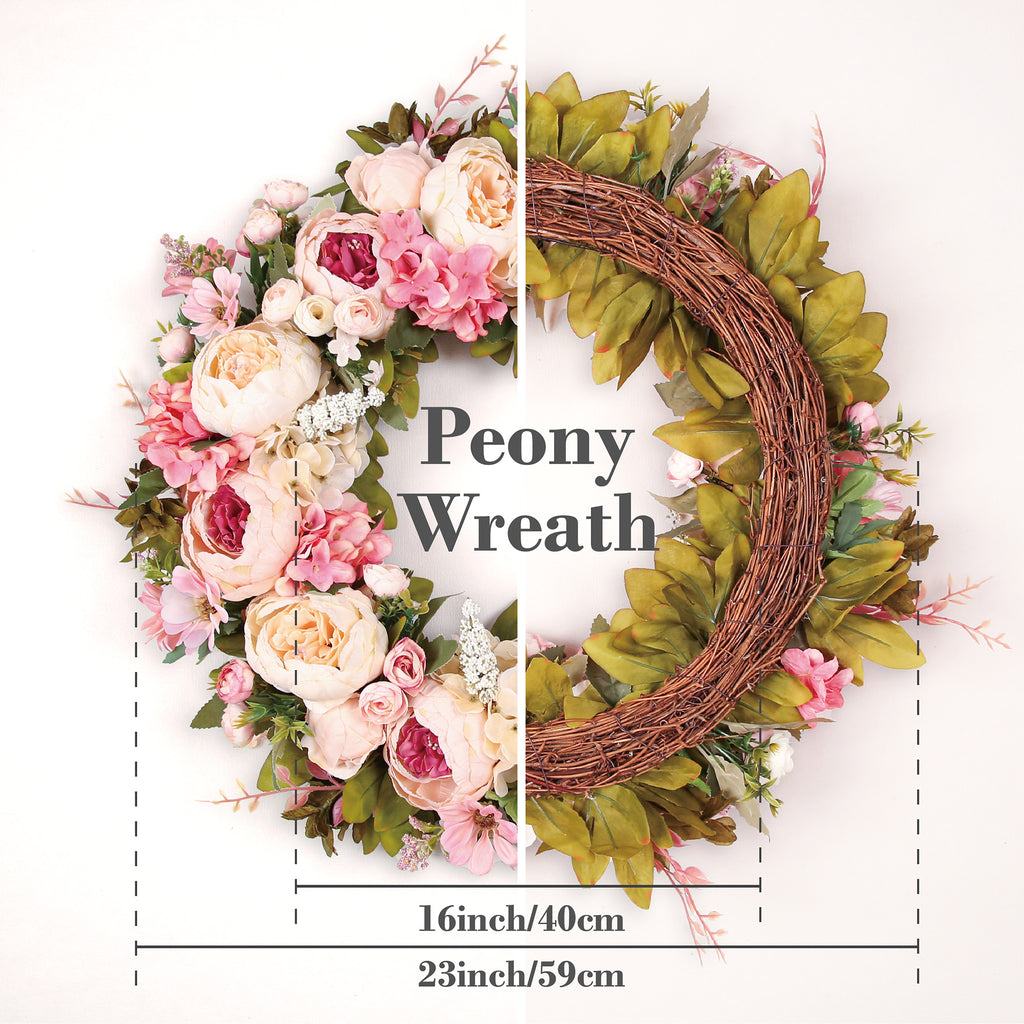 Peony Wreath - Floral Artificial Wreath - Pink 23"