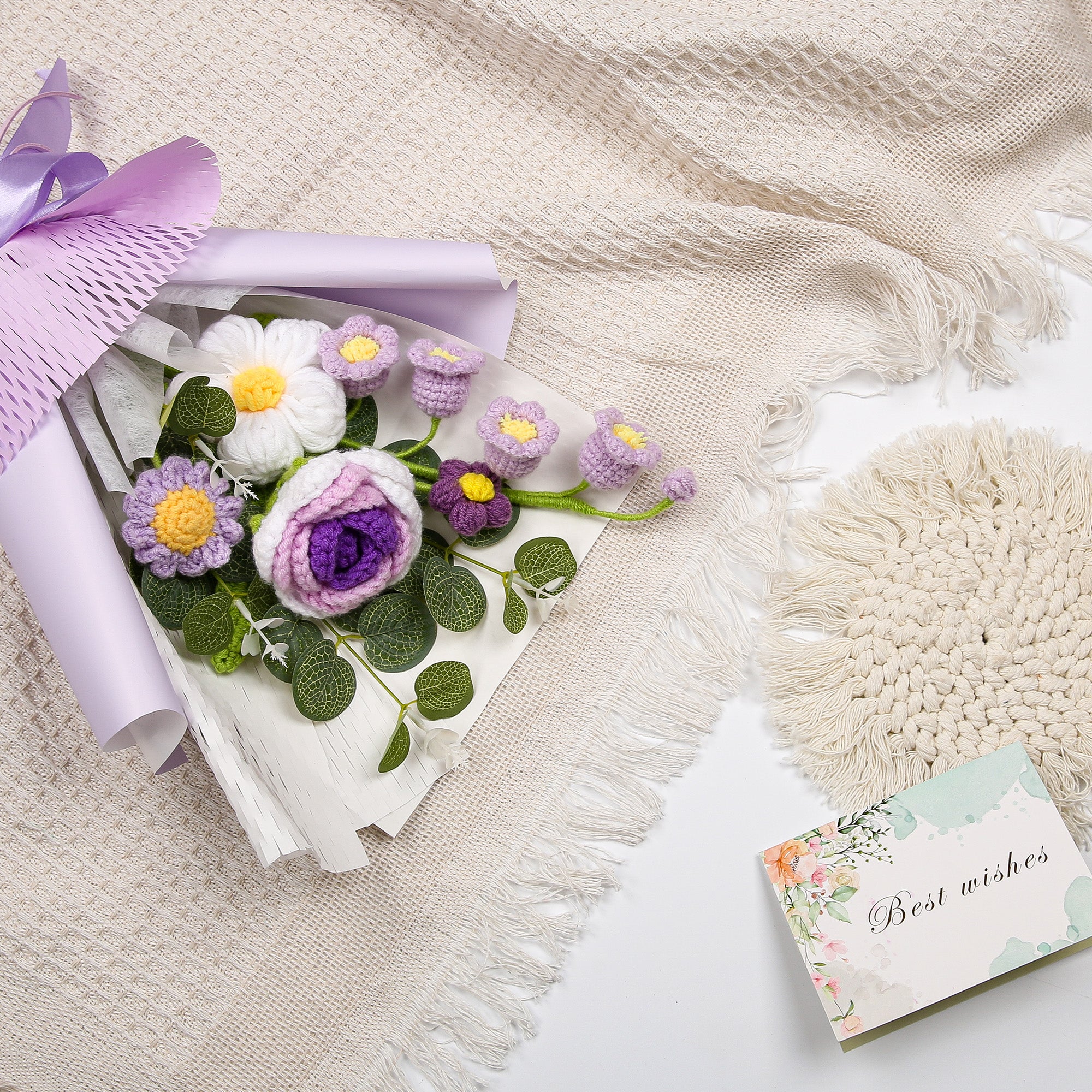 Hand-Knitted Rose & Lily of the Valley Crochet Bouquet - Tiny Purple