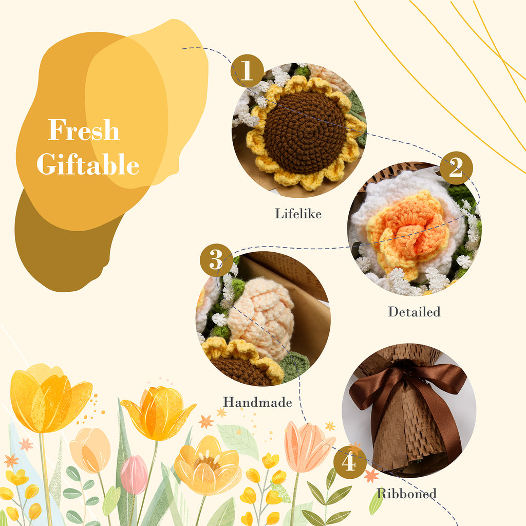 Hand-Knitted Sunflower Crochet Flower Bouquet - Tiny Orange