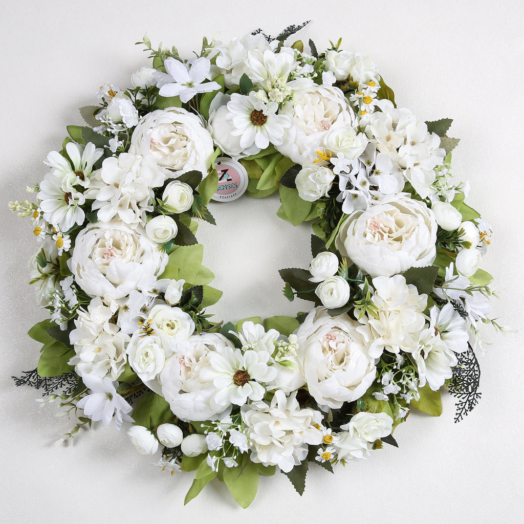 Peony Wreath - Floral Artificial Wreath - White 18"