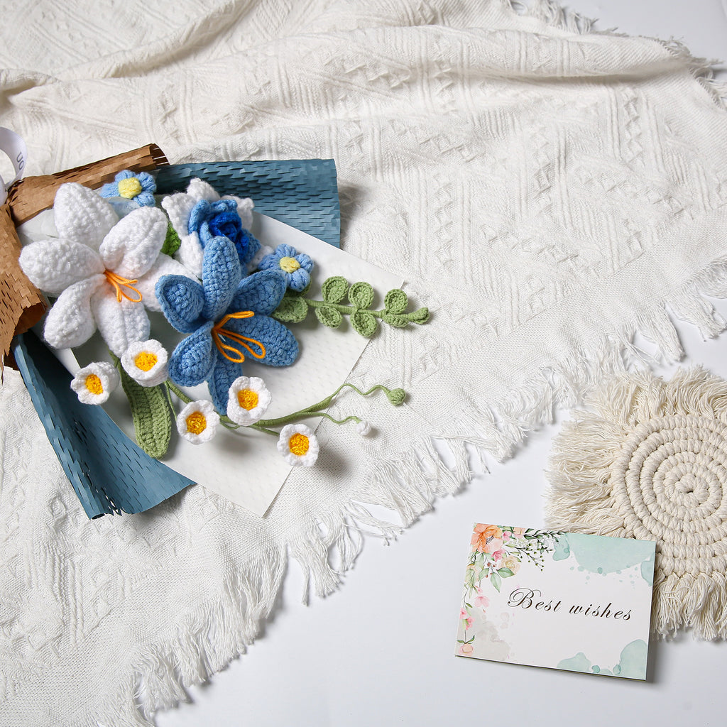 Hand-Knitted Tulip & Lily of the Valley Crochet Bouquet - Tiny Blue
