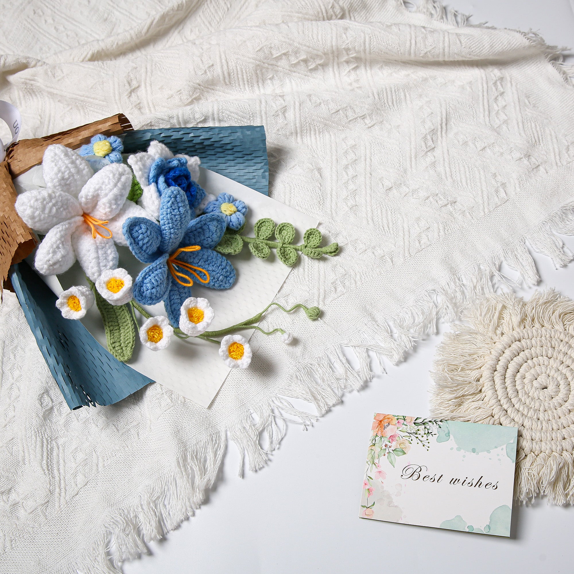 Hand-Knitted Tulip & Lily of the Valley Crochet Bouquet - Tiny Blue