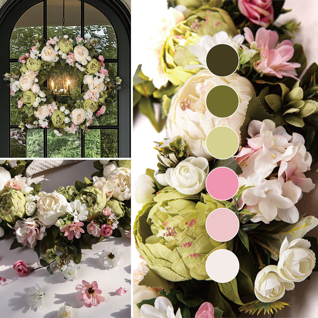 Peony Wreath - Floral Artificial Wreath - Green 23"