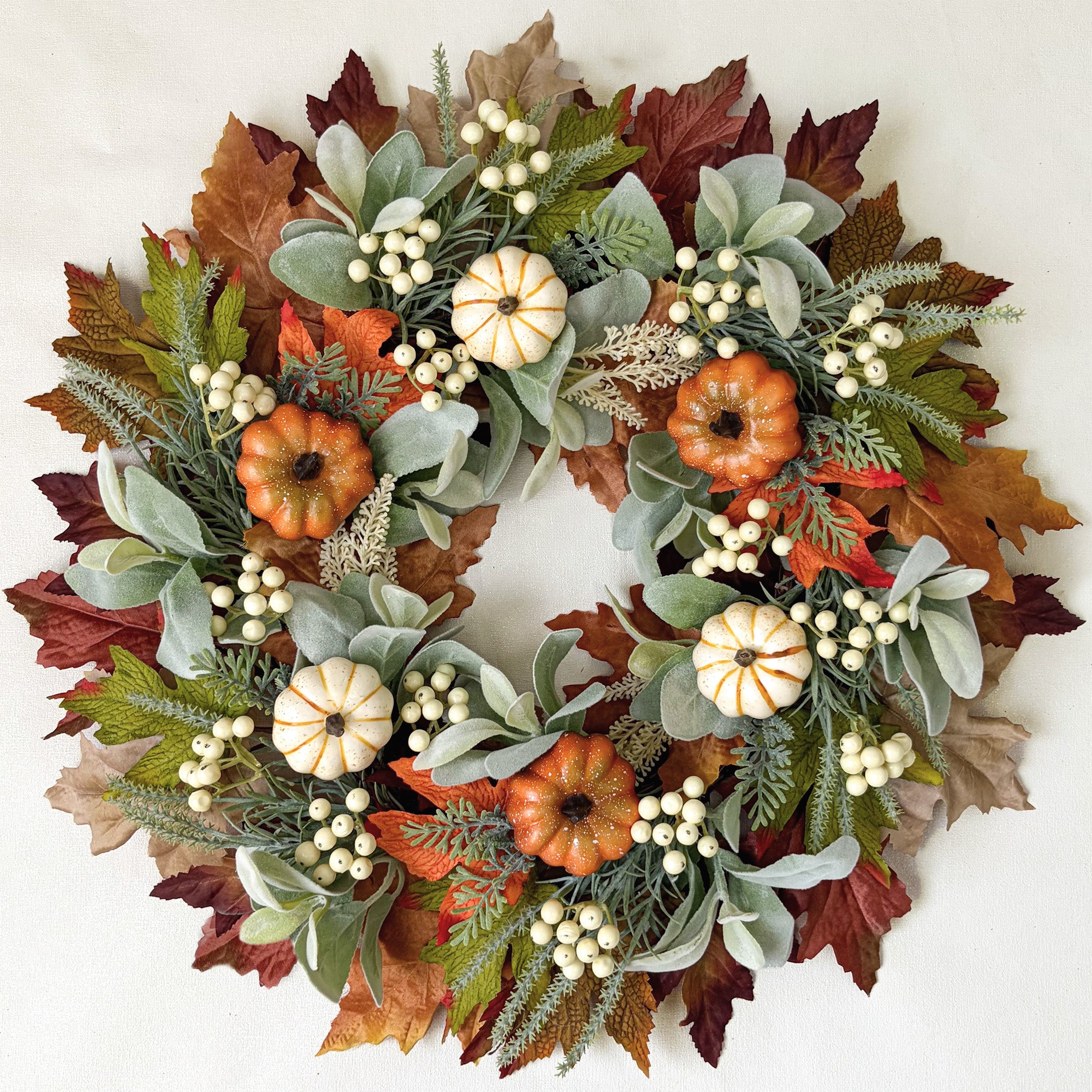 20 Inch Fall Pumpkin Wreath with Berries & Maple Leaves