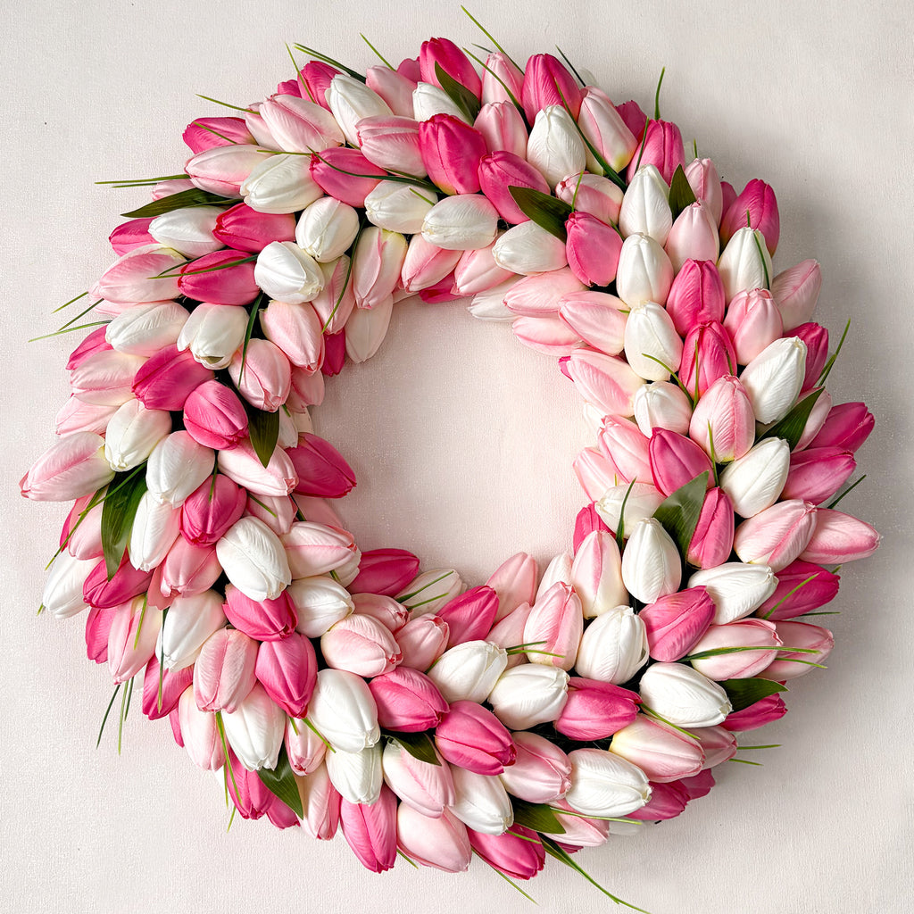 Spring Artificial Tulip Flower Wreath with Green Leaves - Pink 20