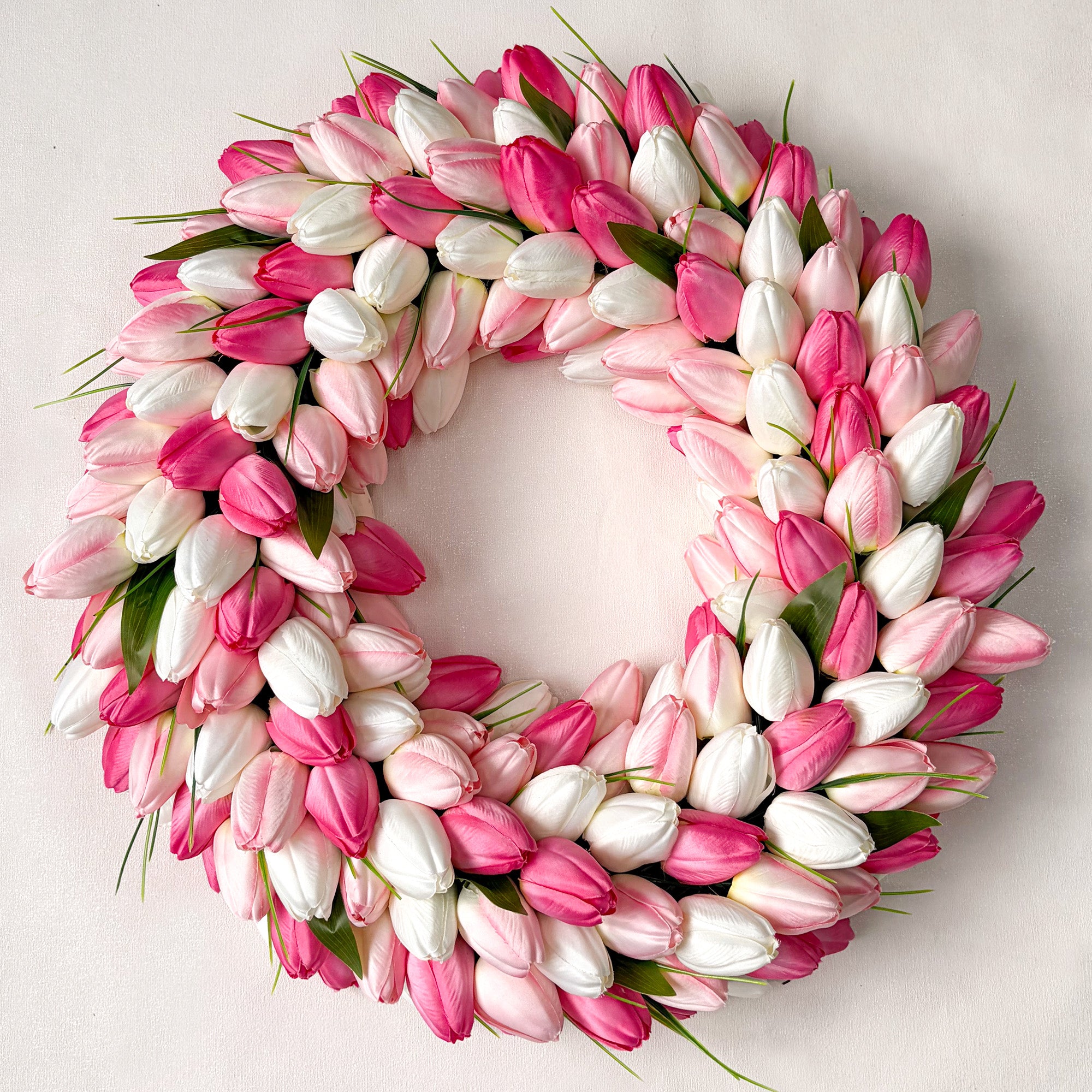 Spring Artificial Tulip Flower Wreath with Green Leaves - Pink 20