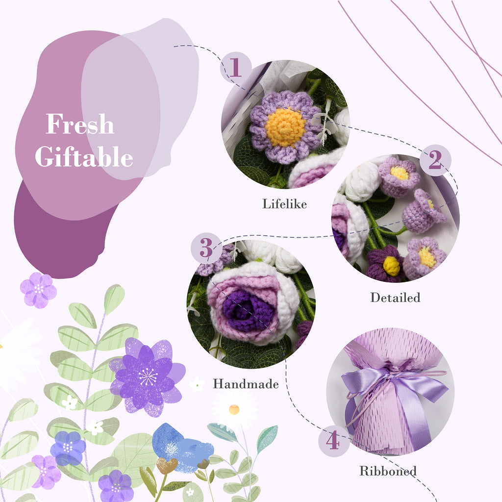 Hand-Knitted Rose & Lily of the Valley Crochet Bouquet - Tiny Purple