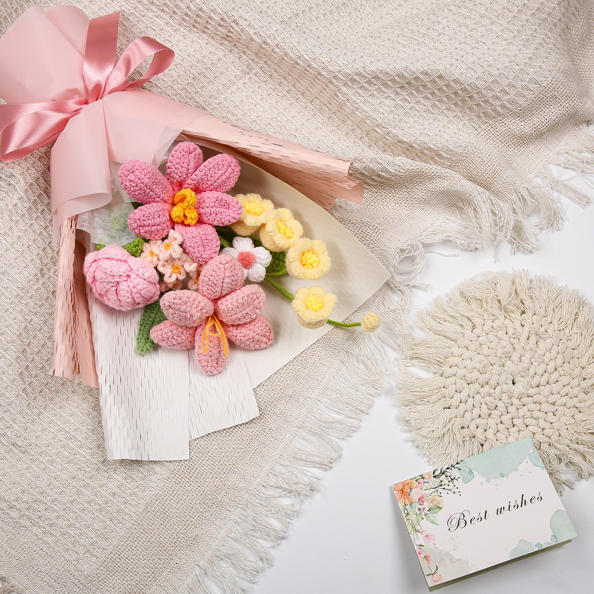 Hand-Knitted Tulip & Lily of the Valley Crochet Bouquet - Tiny Pink