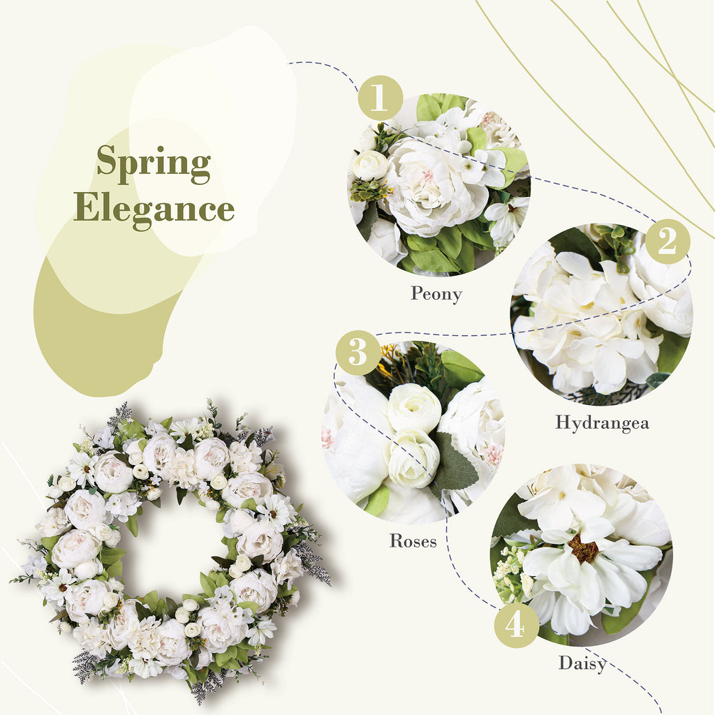 Peony Wreath - Floral Artificial Wreath - White 23"