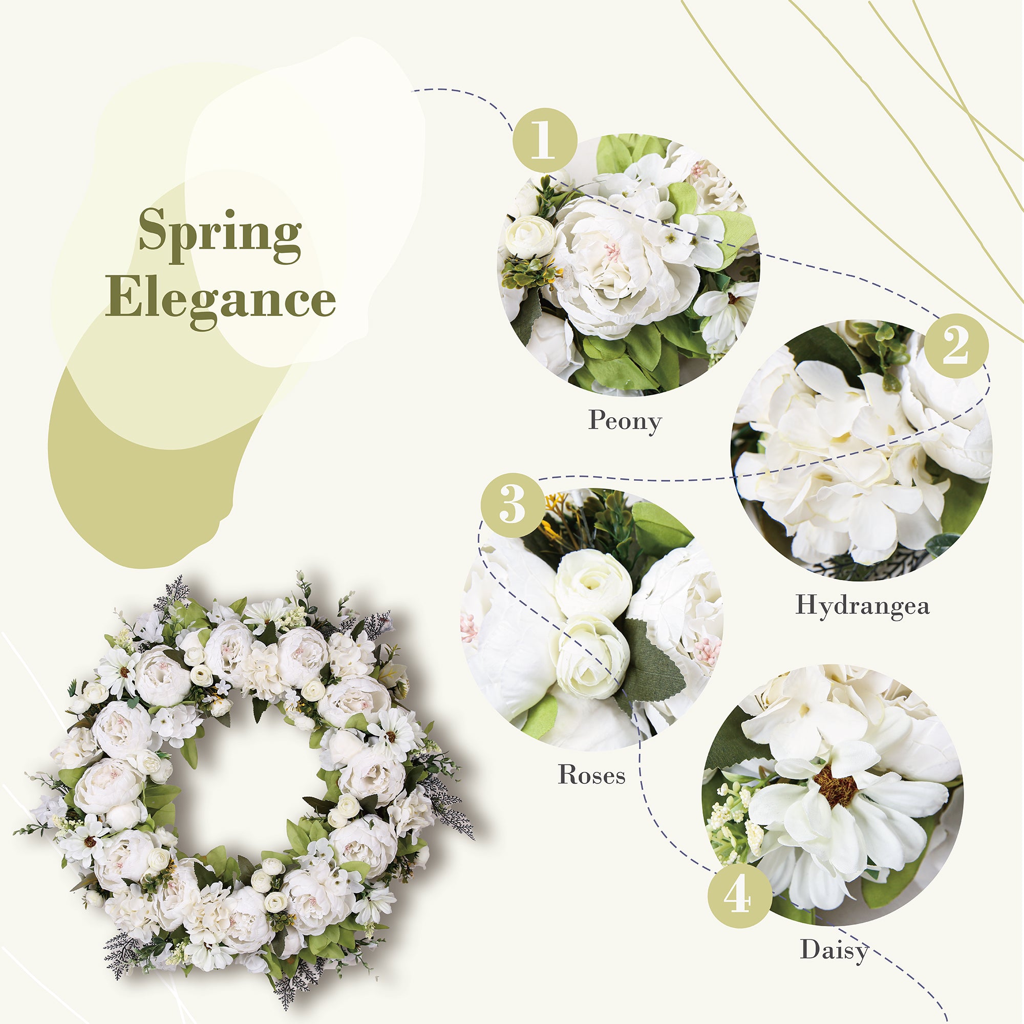 Peony Wreath - Floral Artificial Wreath - White 23"