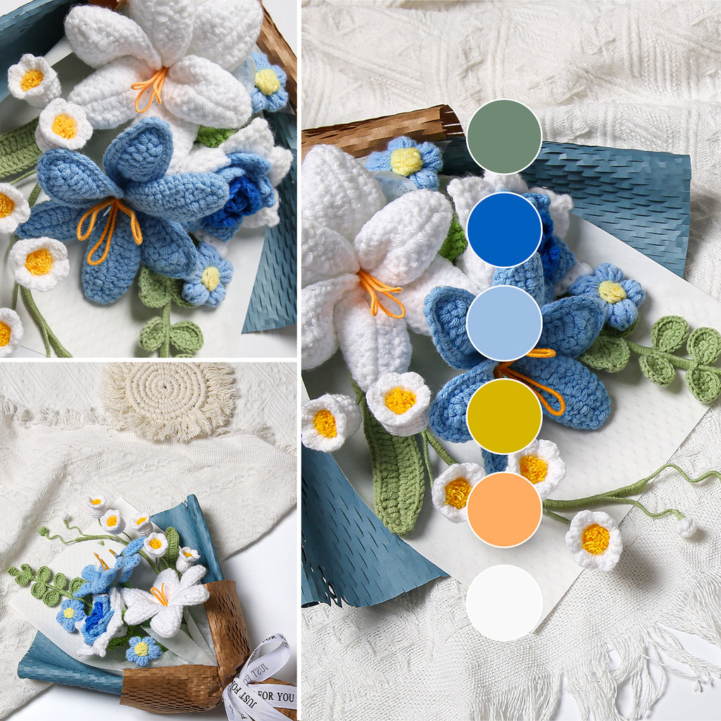 Hand-Knitted Tulip & Lily of the Valley Crochet Bouquet - Tiny Blue