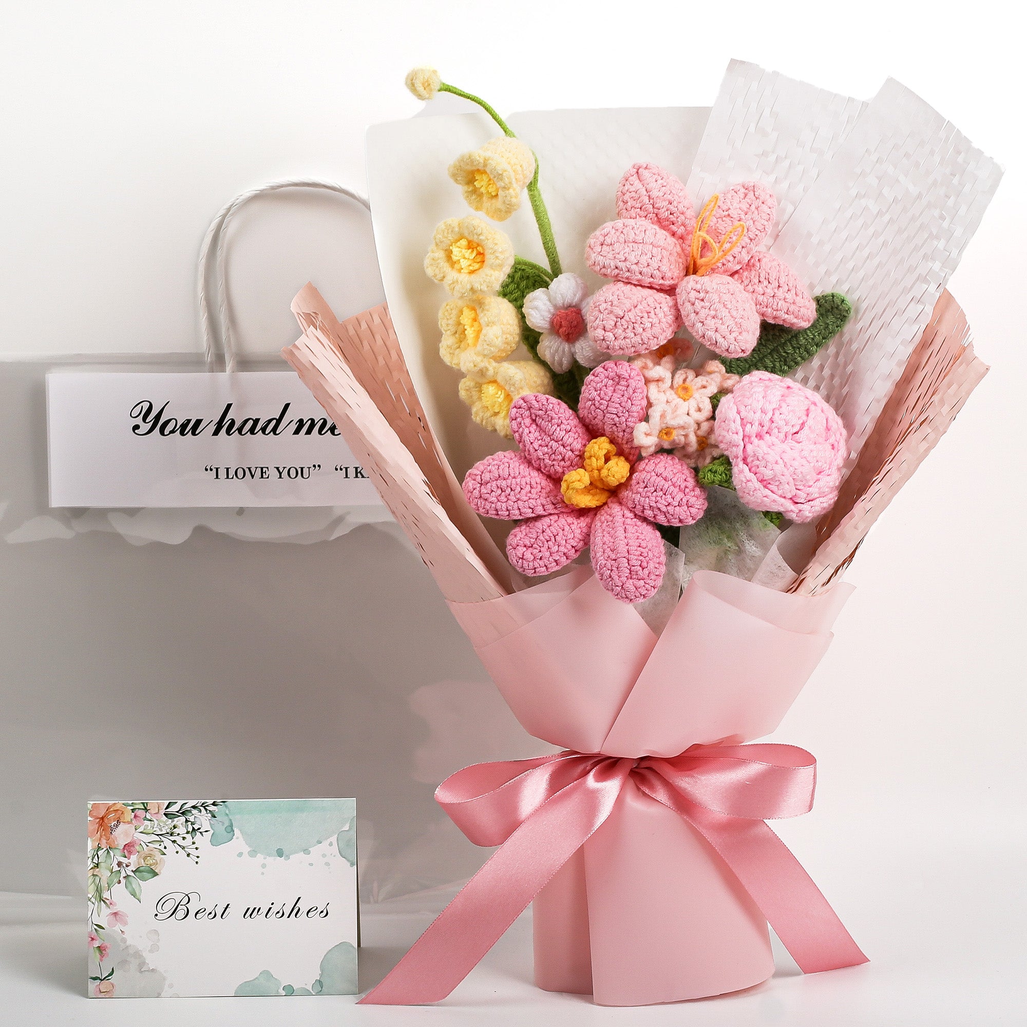 Hand-Knitted Tulip & Lily of the Valley Crochet Bouquet - Tiny Pink