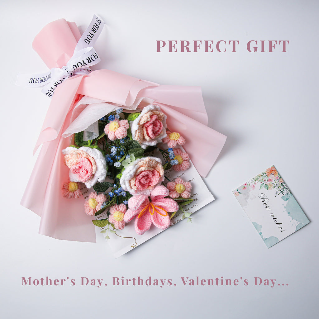 Rose & Tulip Crochet Bouquet - Pink