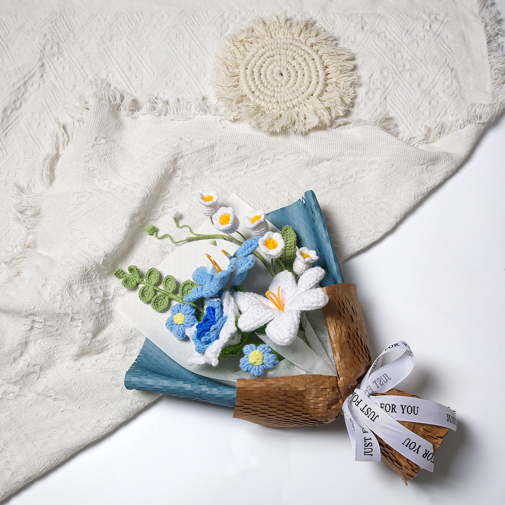 Hand-Knitted Tulip & Lily of the Valley Crochet Bouquet - Tiny Blue