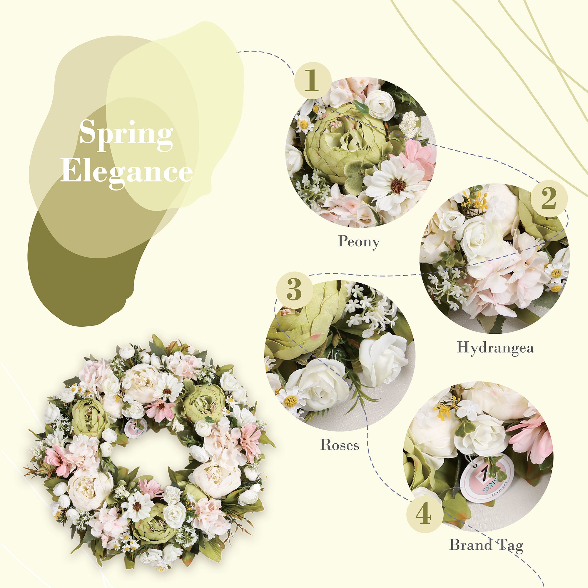 Peony Wreath - Floral Artificial Wreath - Green 18"