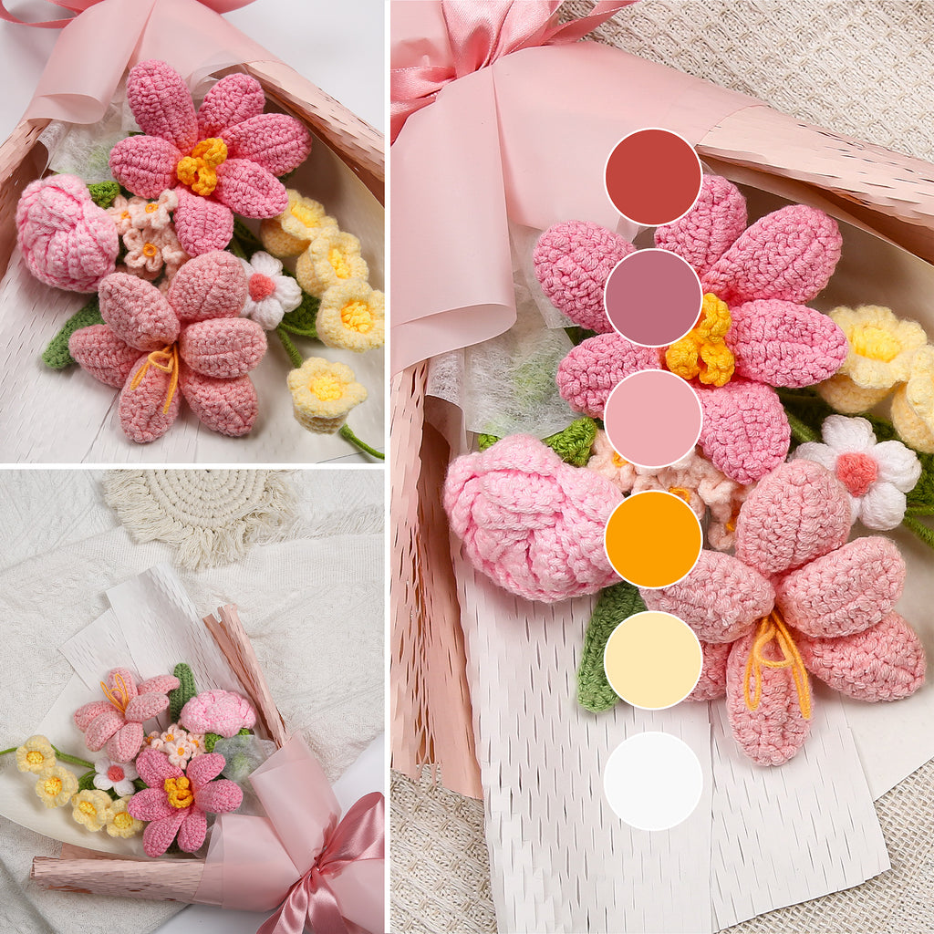 Hand-Knitted Tulip & Lily of the Valley Crochet Bouquet - Tiny Pink