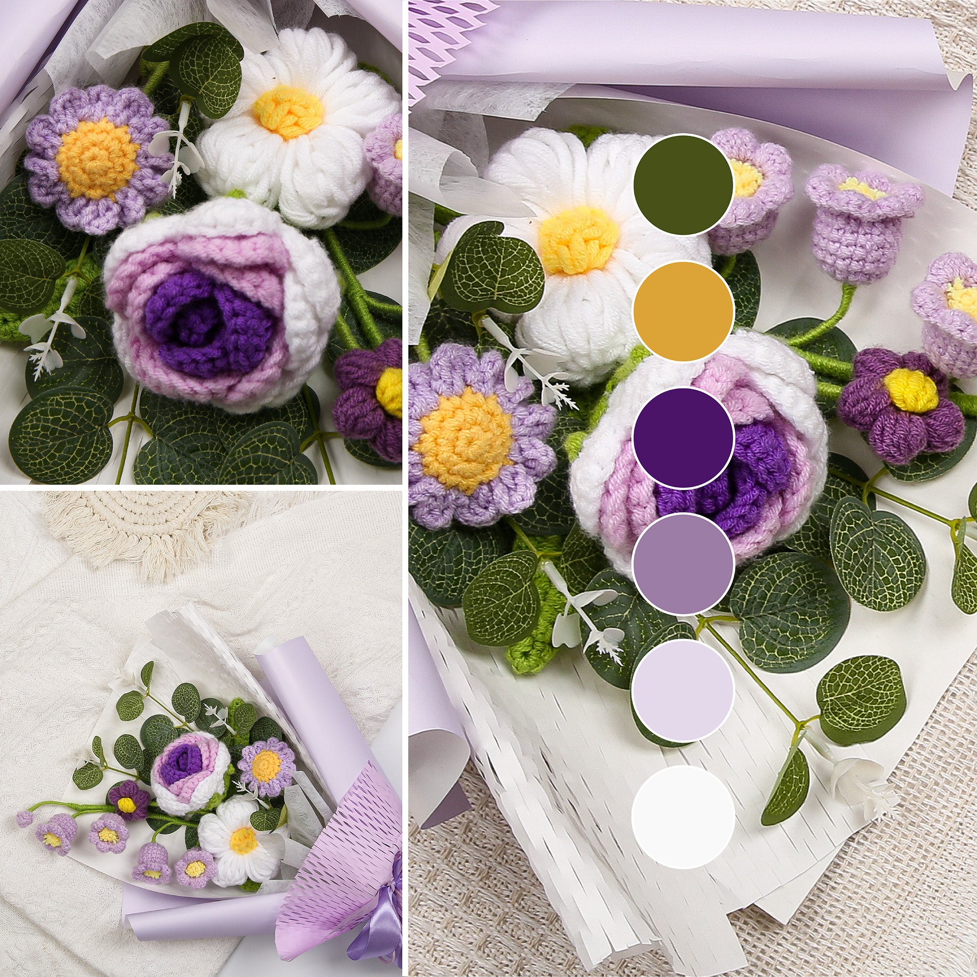 Hand-Knitted Rose & Lily of the Valley Crochet Bouquet - Tiny Purple