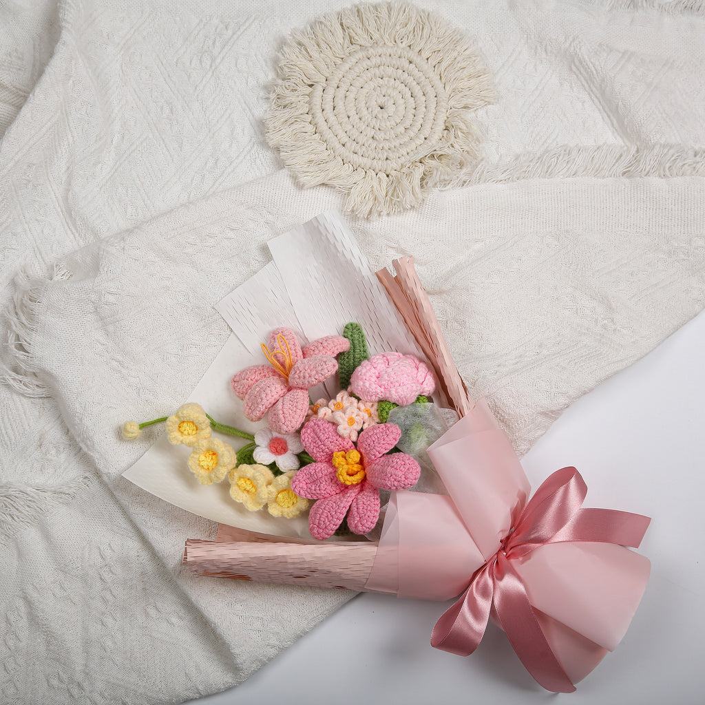 Hand-Knitted Tulip & Lily of the Valley Crochet Bouquet - Tiny Pink