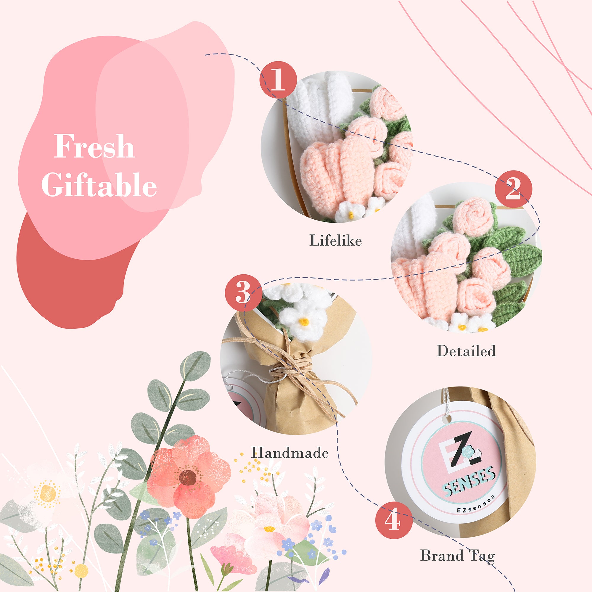 Mini Tulip Crochet Flowers Bouquet - Pink