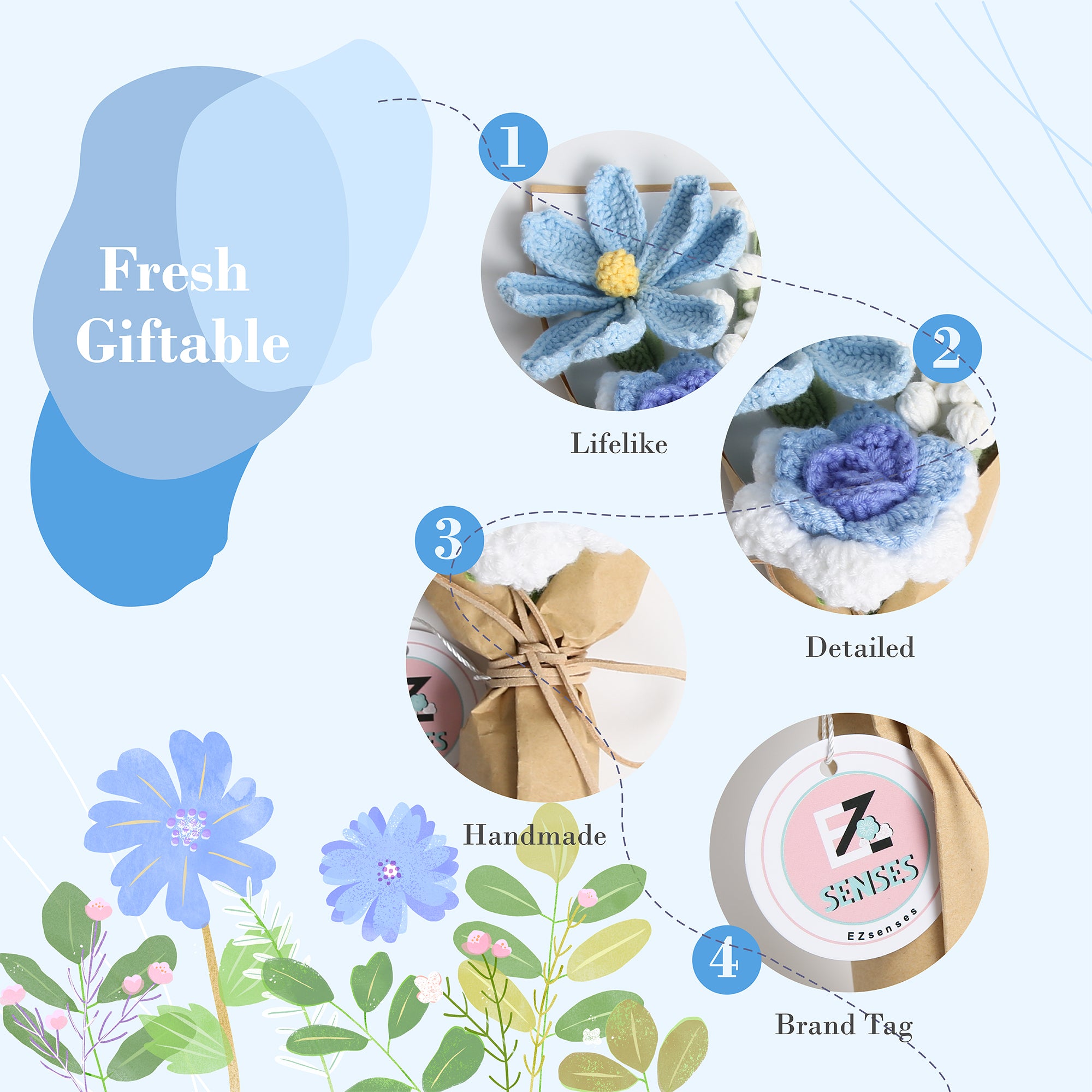 Mini Crochet Flowers Bouquet with Cosmos - Blue