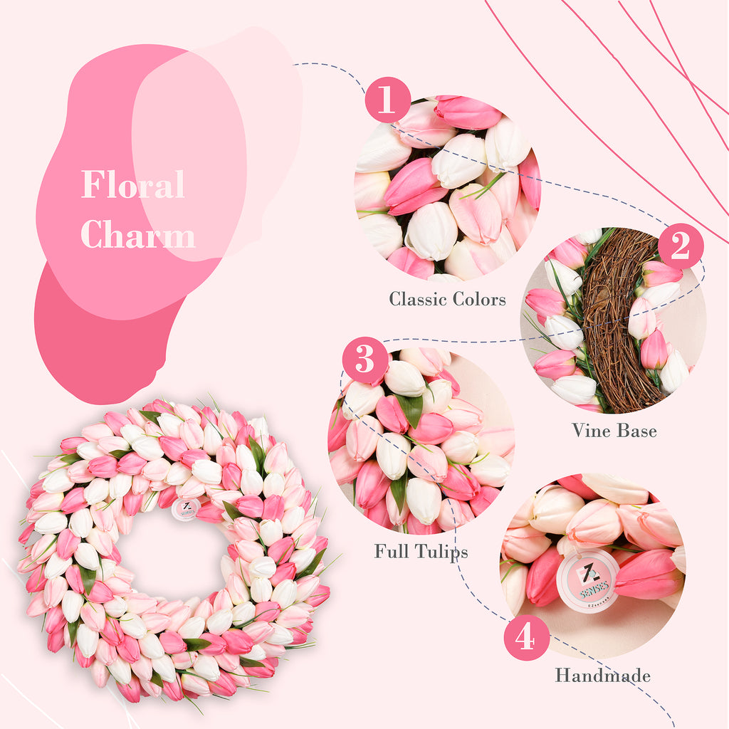 Spring Artificial Tulip Flower Wreath with Green Leaves - Pink 20