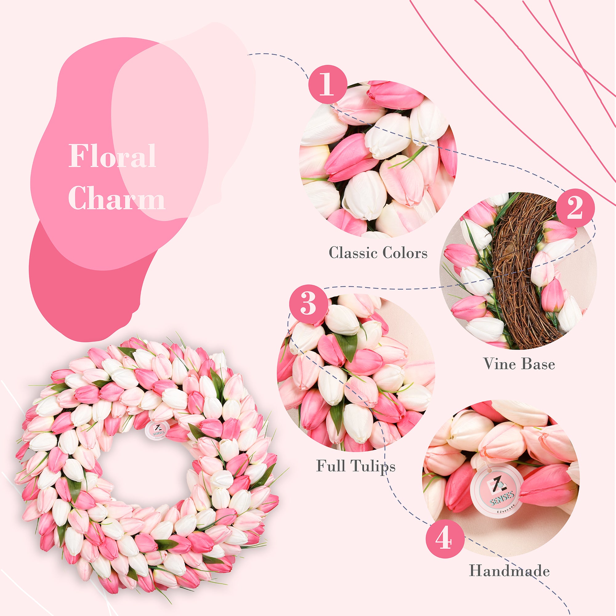 Spring Artificial Tulip Flower Wreath with Green Leaves - Pink 20