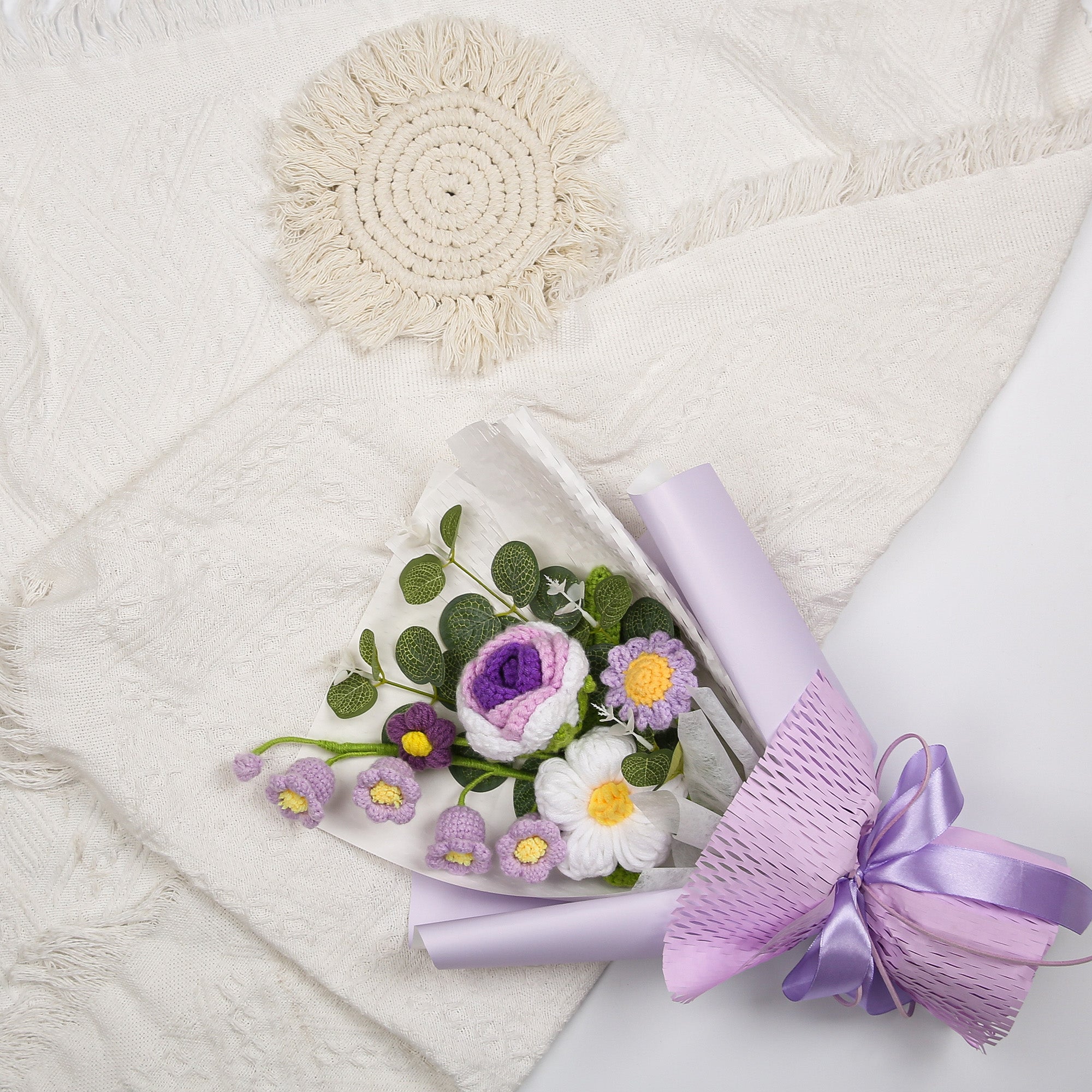 Hand-Knitted Rose & Lily of the Valley Crochet Bouquet - Tiny Purple