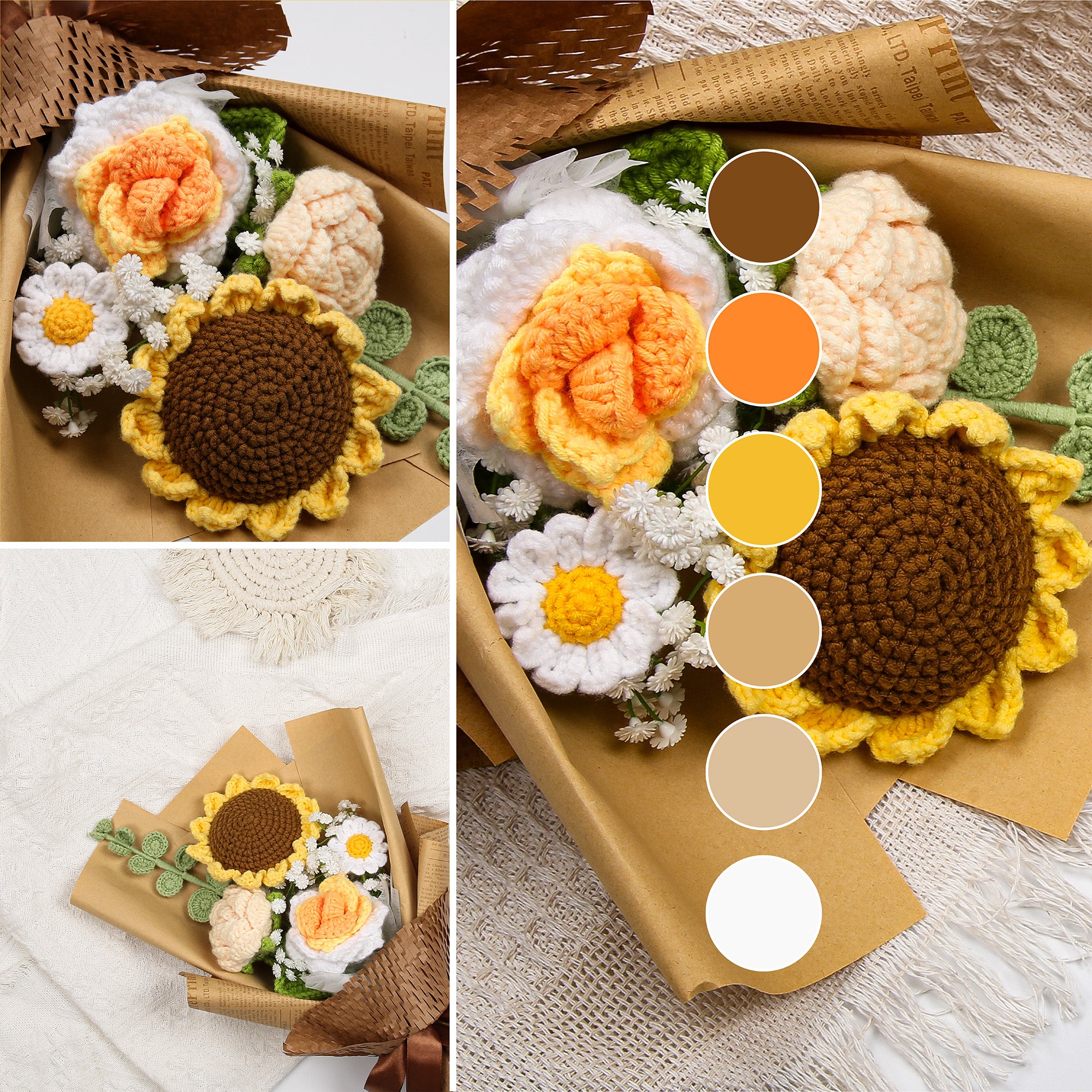 Hand-Knitted Sunflower Crochet Flower Bouquet - Tiny Orange