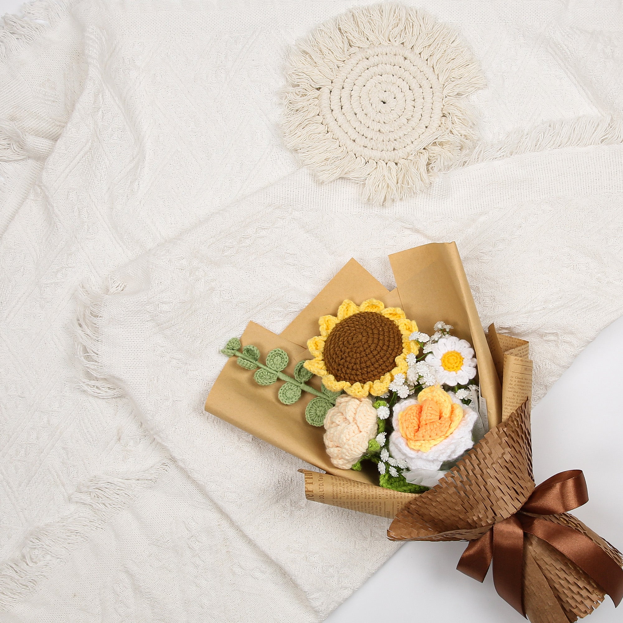 Hand-Knitted Sunflower Crochet Flower Bouquet - Tiny Orange