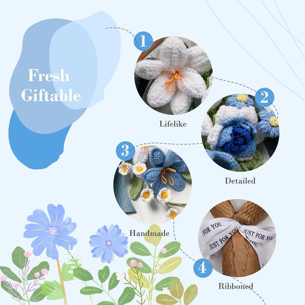 Hand-Knitted Tulip & Lily of the Valley Crochet Bouquet - Tiny Blue