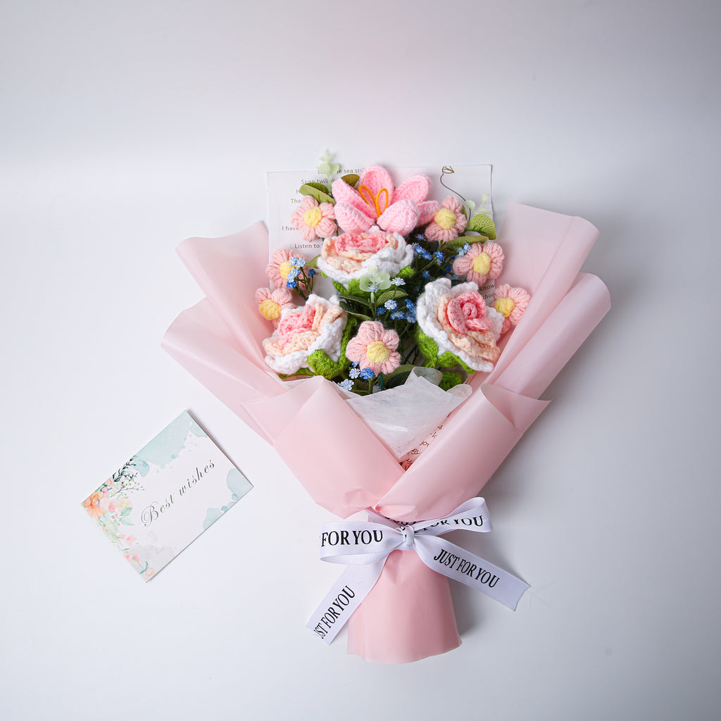 Rose & Tulip Crochet Bouquet - Pink