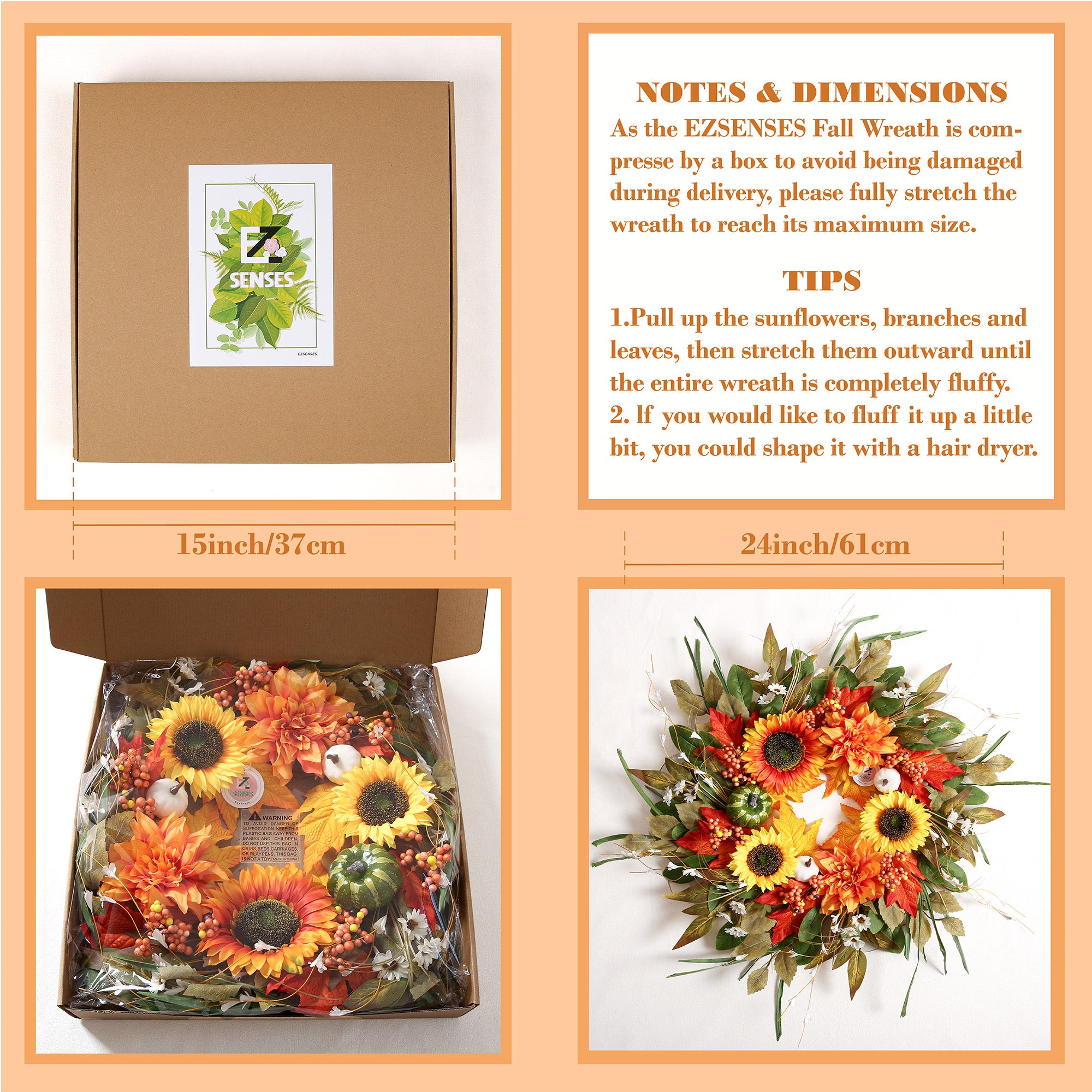 Autumn Door Decor with Pumpkins, Sunflowers & Maple Leaves 24"