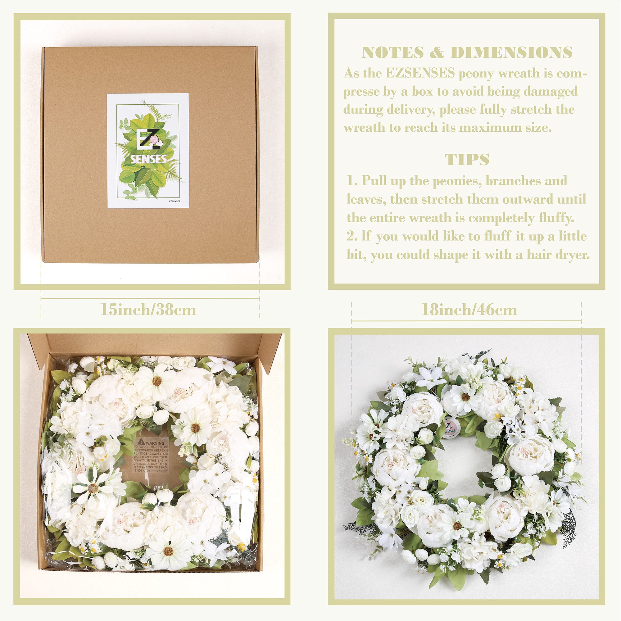 Peony Wreath - Floral Artificial Wreath - White 18"