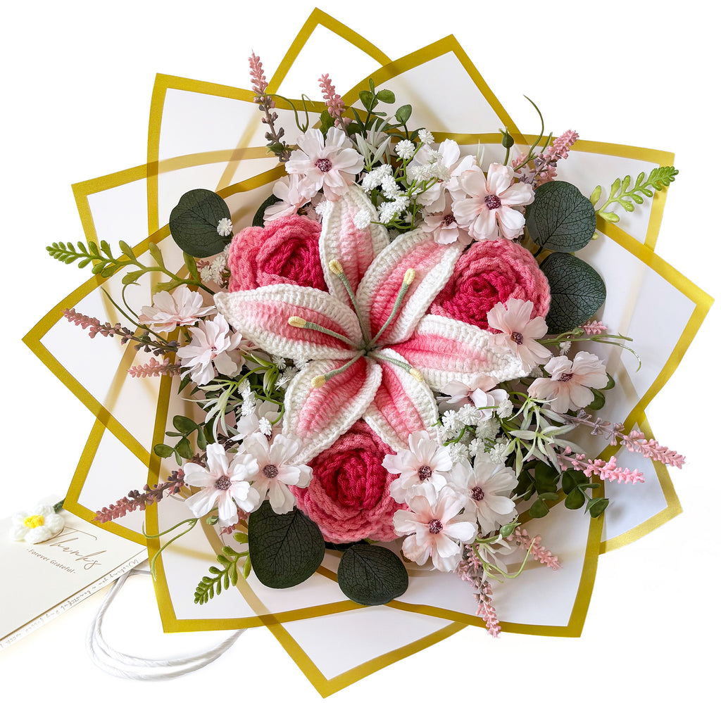 Pink Crochet Flower Bouquet with Lily, Rose & Lavender