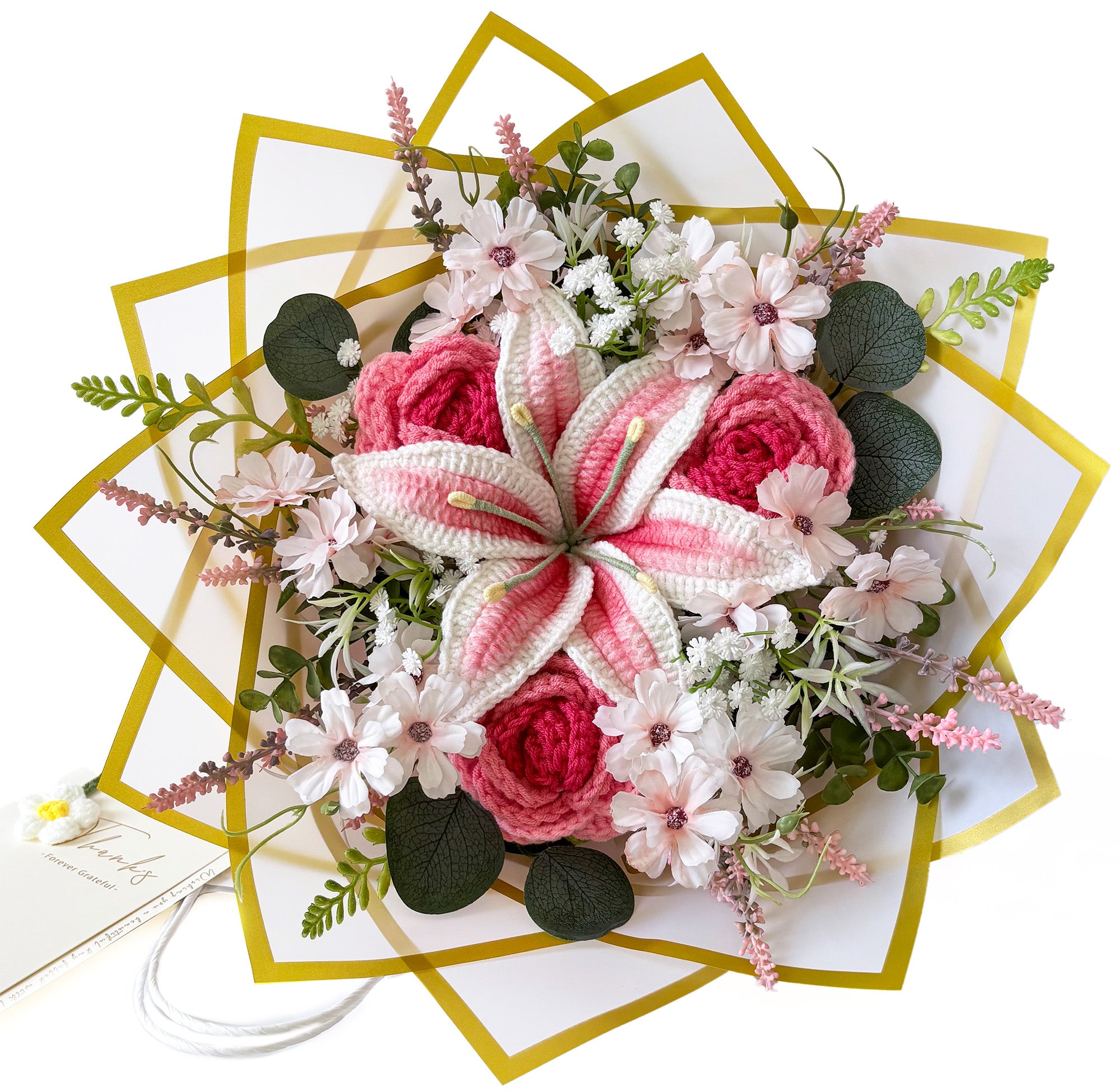 Pink Crochet Flower Bouquet with Lily, Rose & Lavender