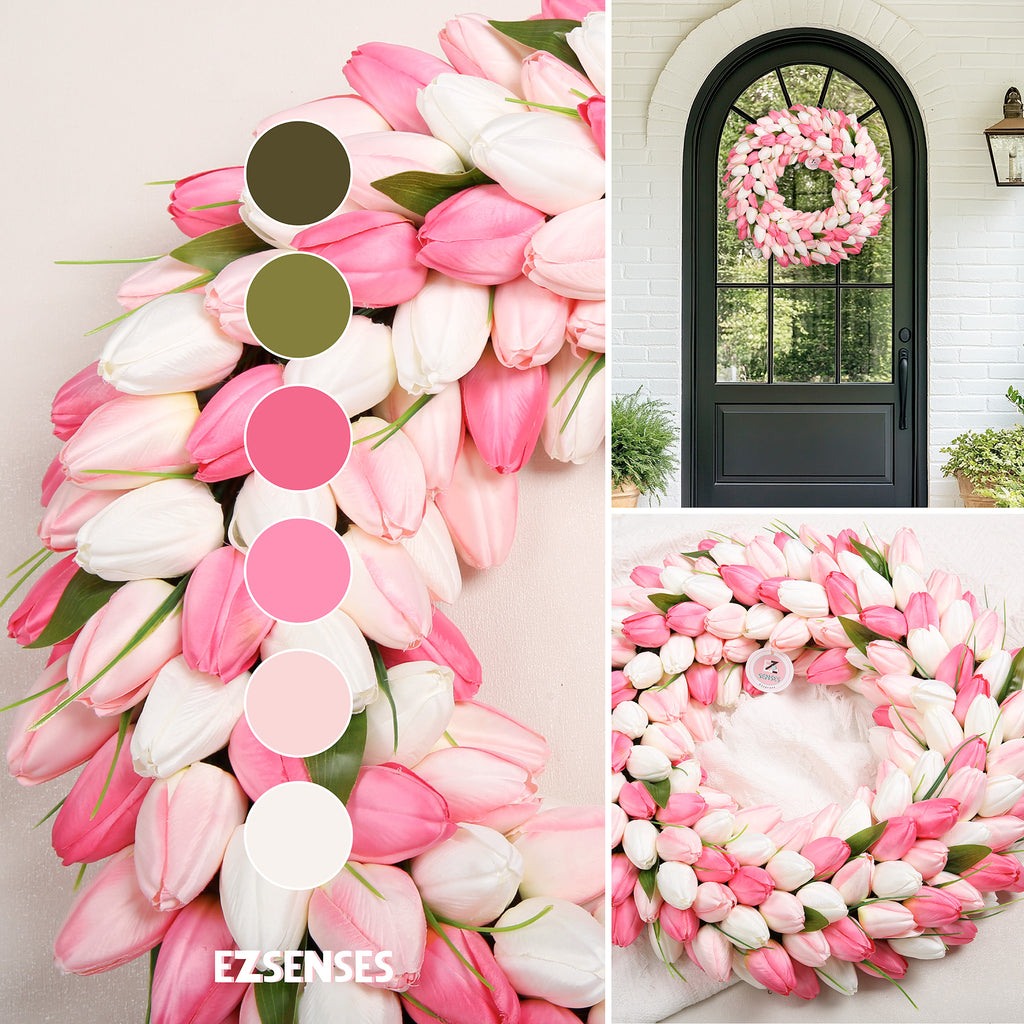 Spring Artificial Tulip Flower Wreath with Green Leaves - Pink 20