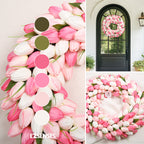 Spring Artificial Tulip Flower Wreath with Green Leaves - Pink 20