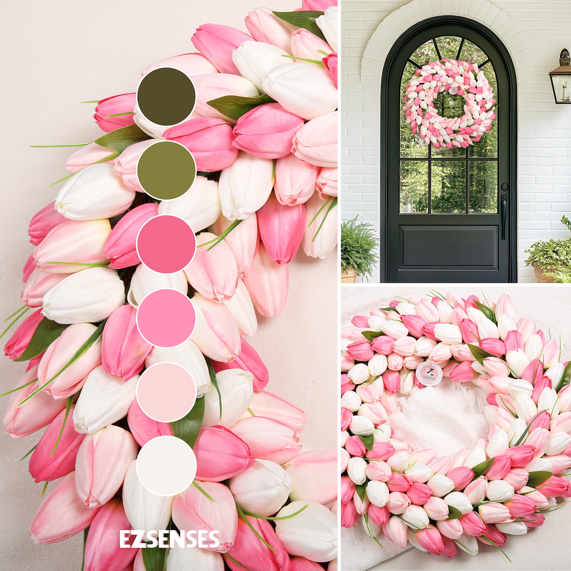 Spring Artificial Tulip Flower Wreath with Green Leaves - Pink 20