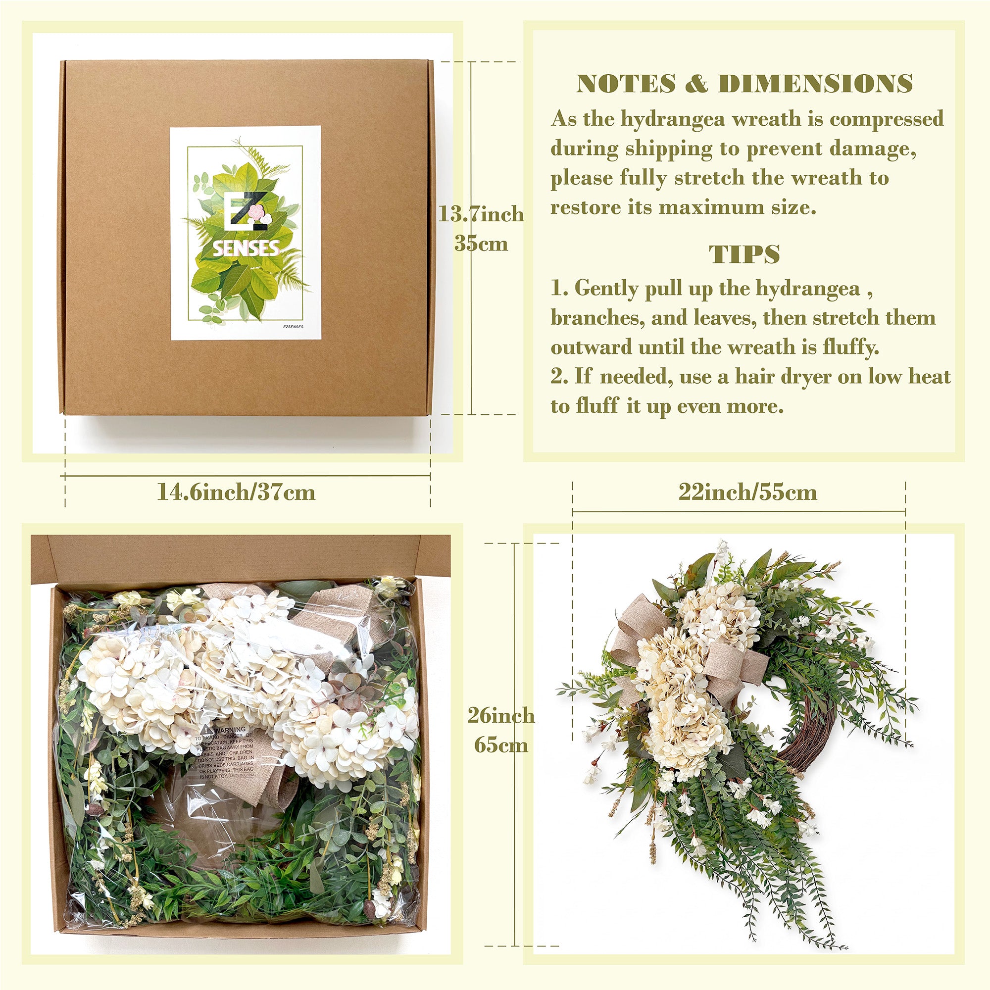 22 Inch White Hydrangea Wreath with Greenery & Burlap Bow