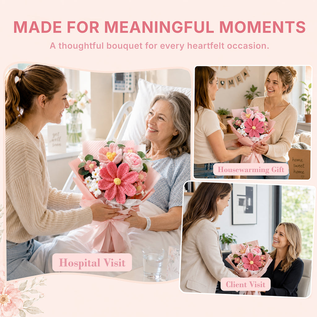 Crochet Flower Bouquet, Handmade Pink Knitted Flowers