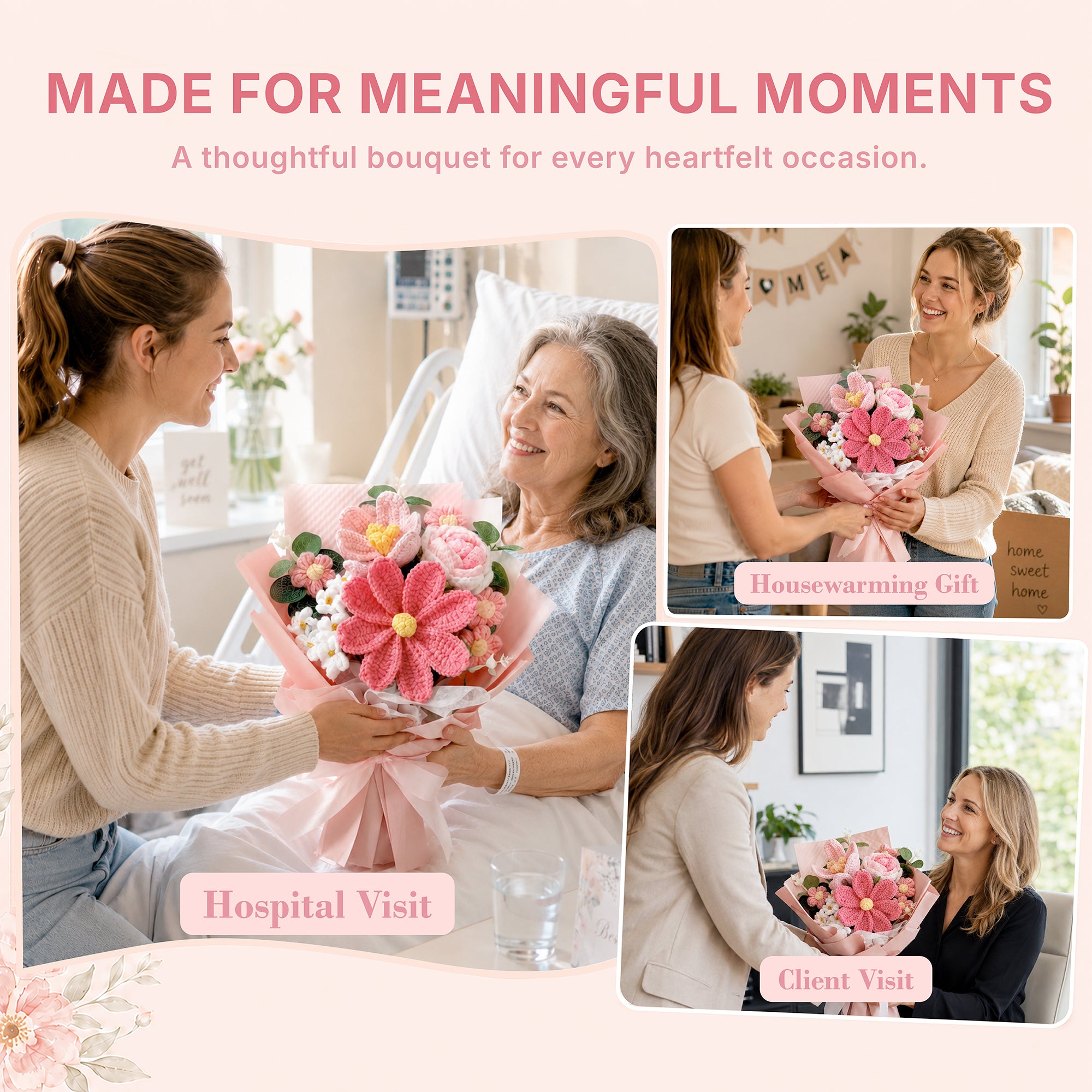 Crochet Flower Bouquet, Handmade Pink Knitted Flowers