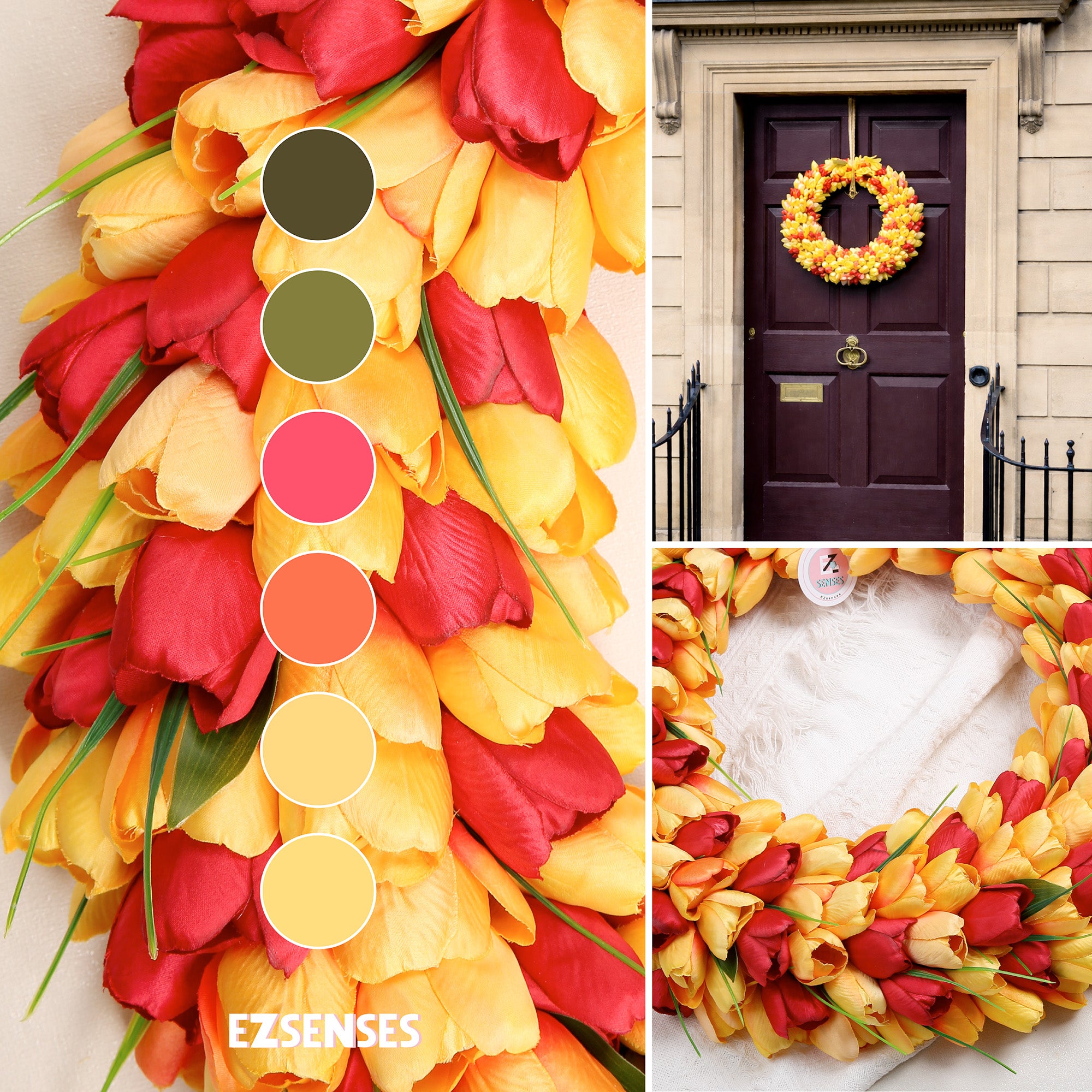 Spring Artificial Tulip Flower Wreath with Green Leaves