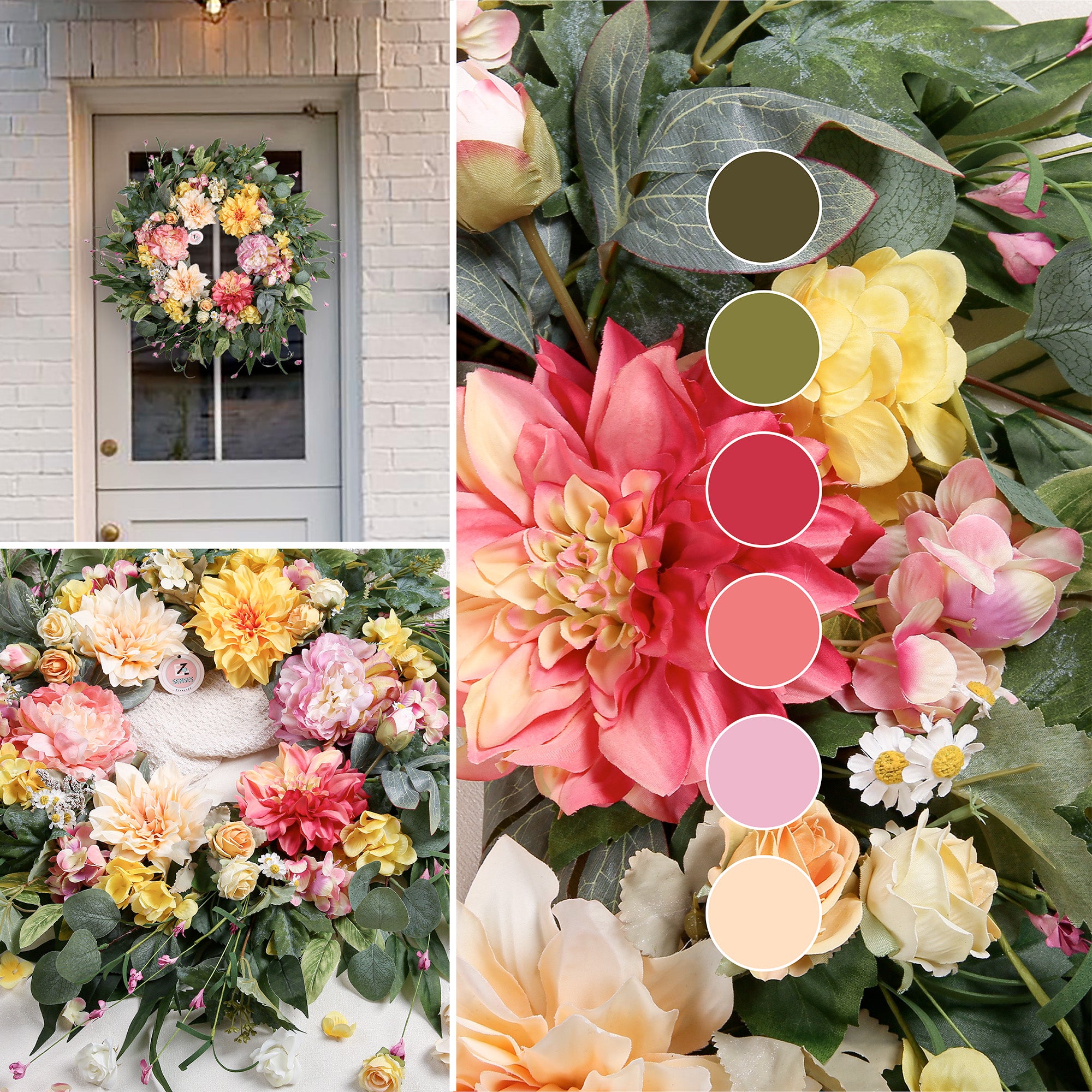 Artificial Dahlia Floral Spring Summer Wreath - 24 Inch
