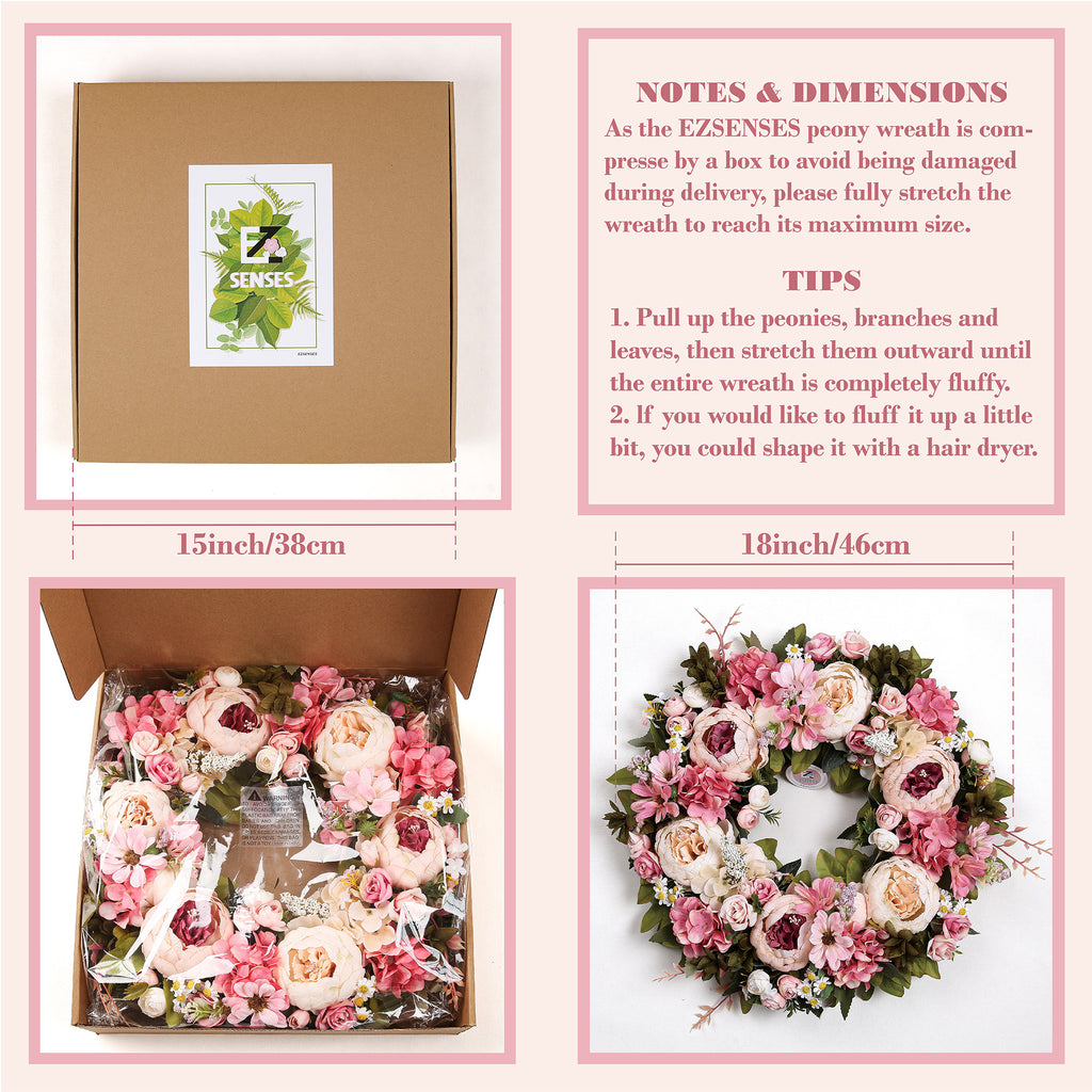 Peony Wreath - Floral Artificial Wreath - Pink 18"