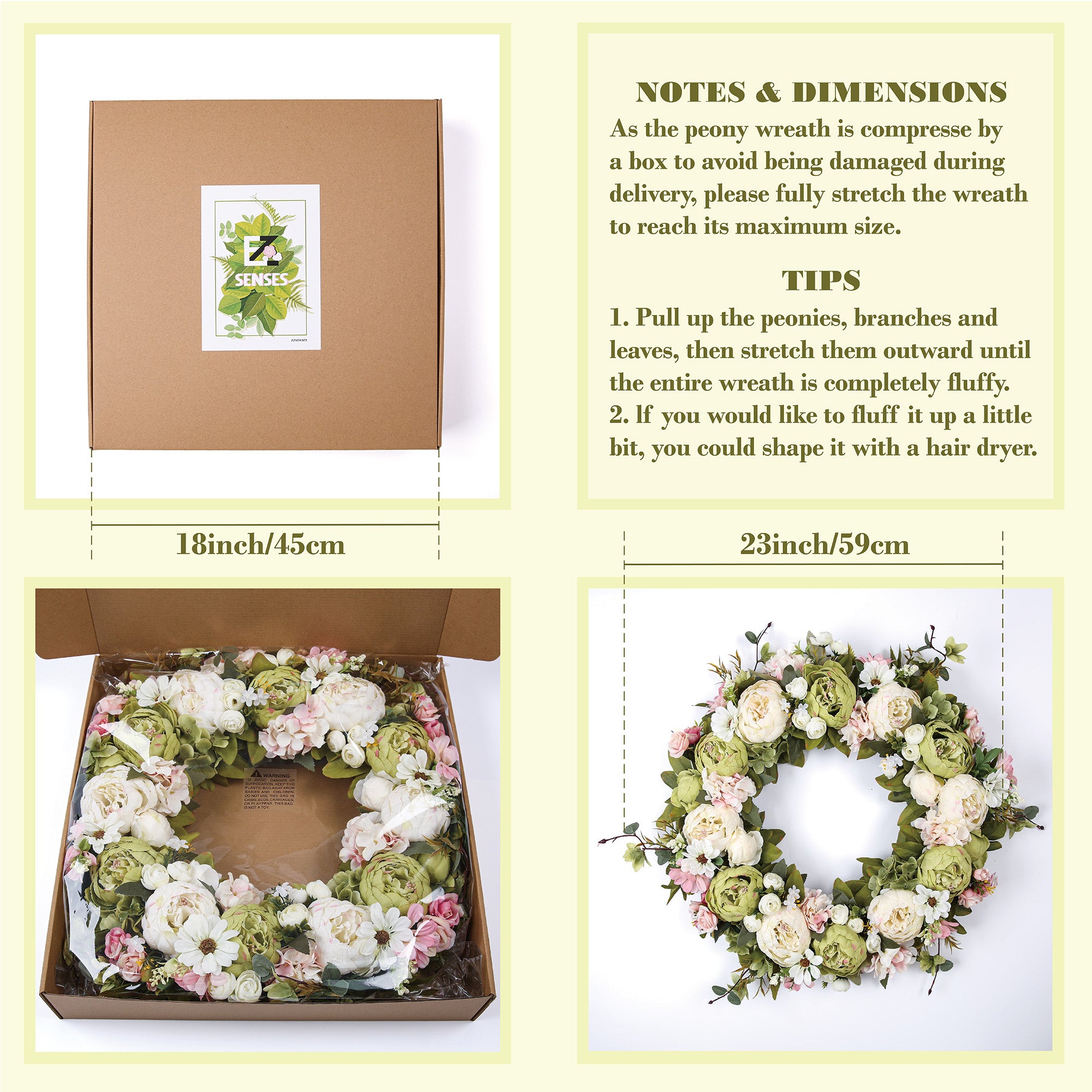 Peony Wreath - Floral Artificial Wreath - Green 23"