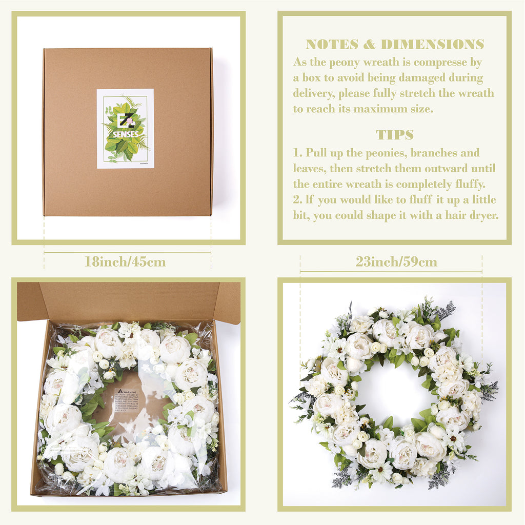 Peony Wreath - Floral Artificial Wreath - White 23"